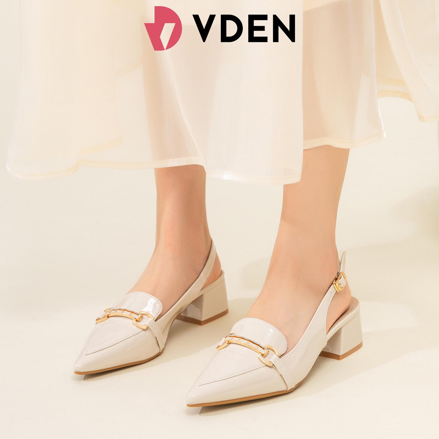 VDEN Slingback Low Block Heels Pointed Toe Office Work Pumps Shoes 1.7INCH/4.5CM 528-12 Korean Style Simple Patent Leather Slingback Shoes Old Fashion Thick Heels