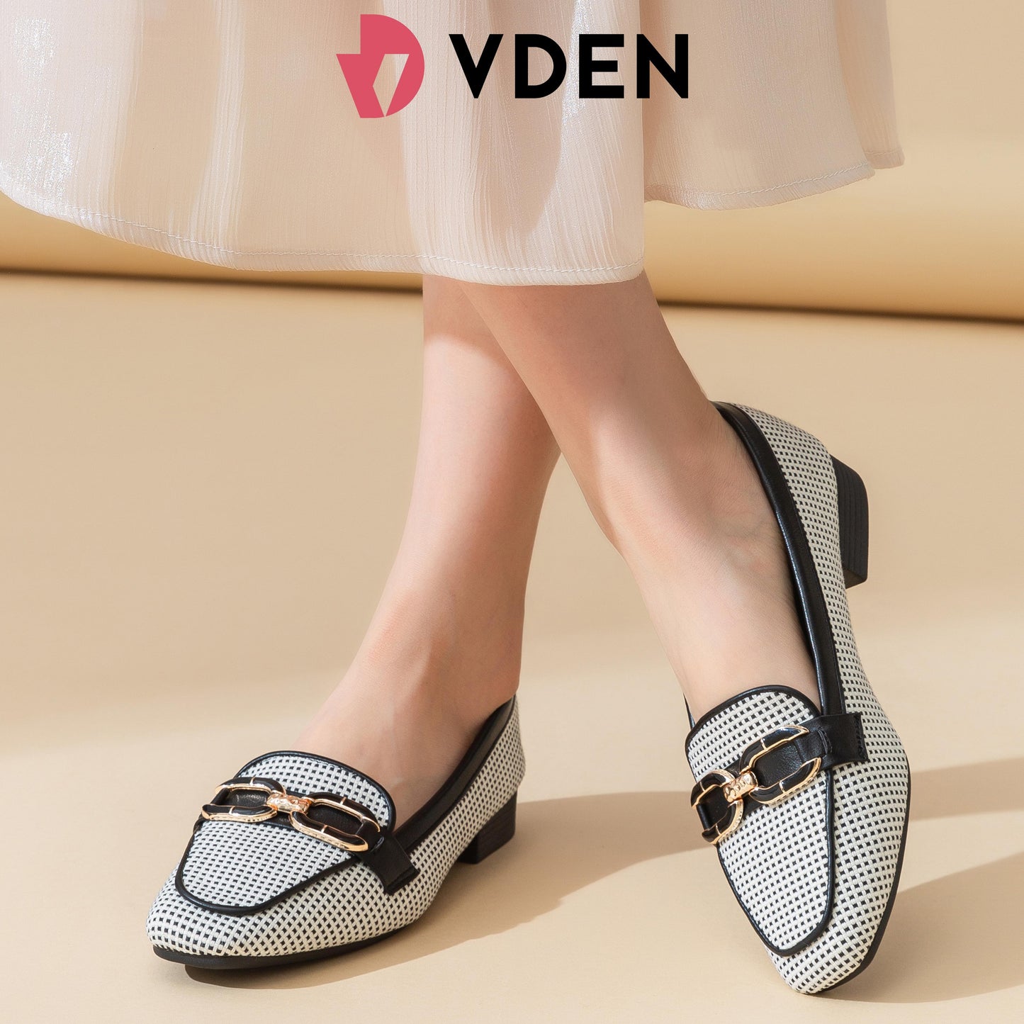 VDEN Slip-On Loafers loafers Dress Shoes Black With Dots Design 1INCH/2.5CM 628-703 Korean Style Breathable Woven Loafers Elegant Mesh Low Heel Loafers Tweed-Style Flat Loafers with Metal Buckle