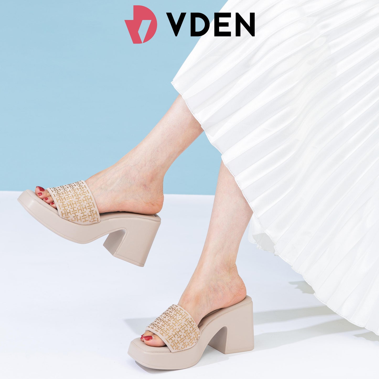 VDEN Rhinestone High Chunky Platform Sandals For Women 3.2INCH/8.5CM 1377-D1 Stylish Thick-soled Pumps With Versatile And Lightweight Heels Mule Open Toe Slip-ons Heels
