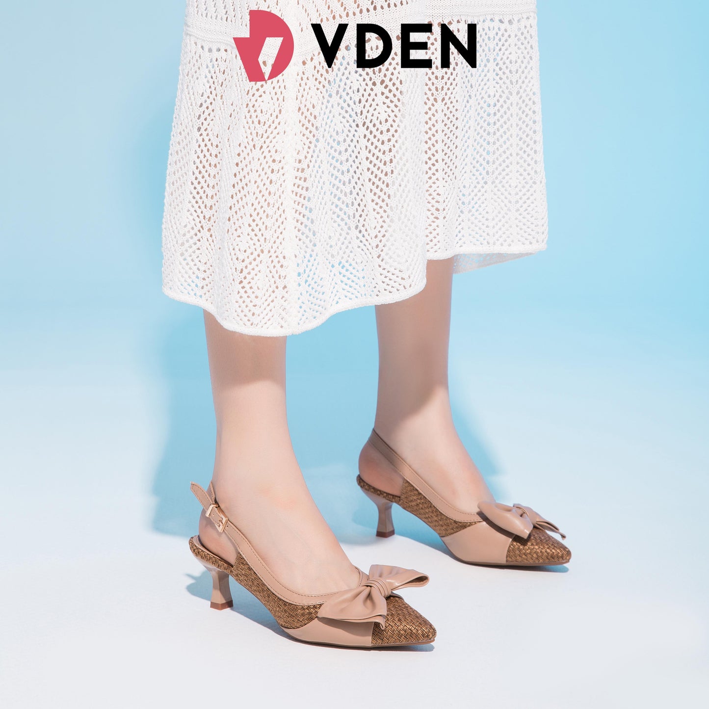 VDEN Women’s Fashion Fabric Woven Pointed Back Strap Heel 2.2INCH/6CM B8664 Color Block Fashionable Braided Pointed Toe Stilettos New Bow Heels