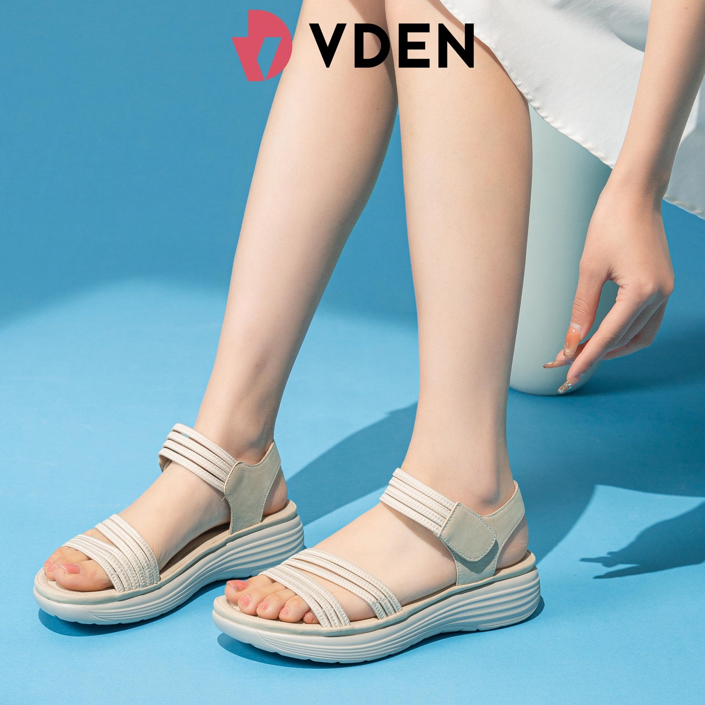 VDEN Women's Sandals Summer Lace-Up Elegant And Comfortable 1.5INCH/3.5CM 2516-1 Thick-soled Comfortable Sandals With Non-Slip Sole And Velcro Straps For Women With Wedge Heels And Slip-on Sandals