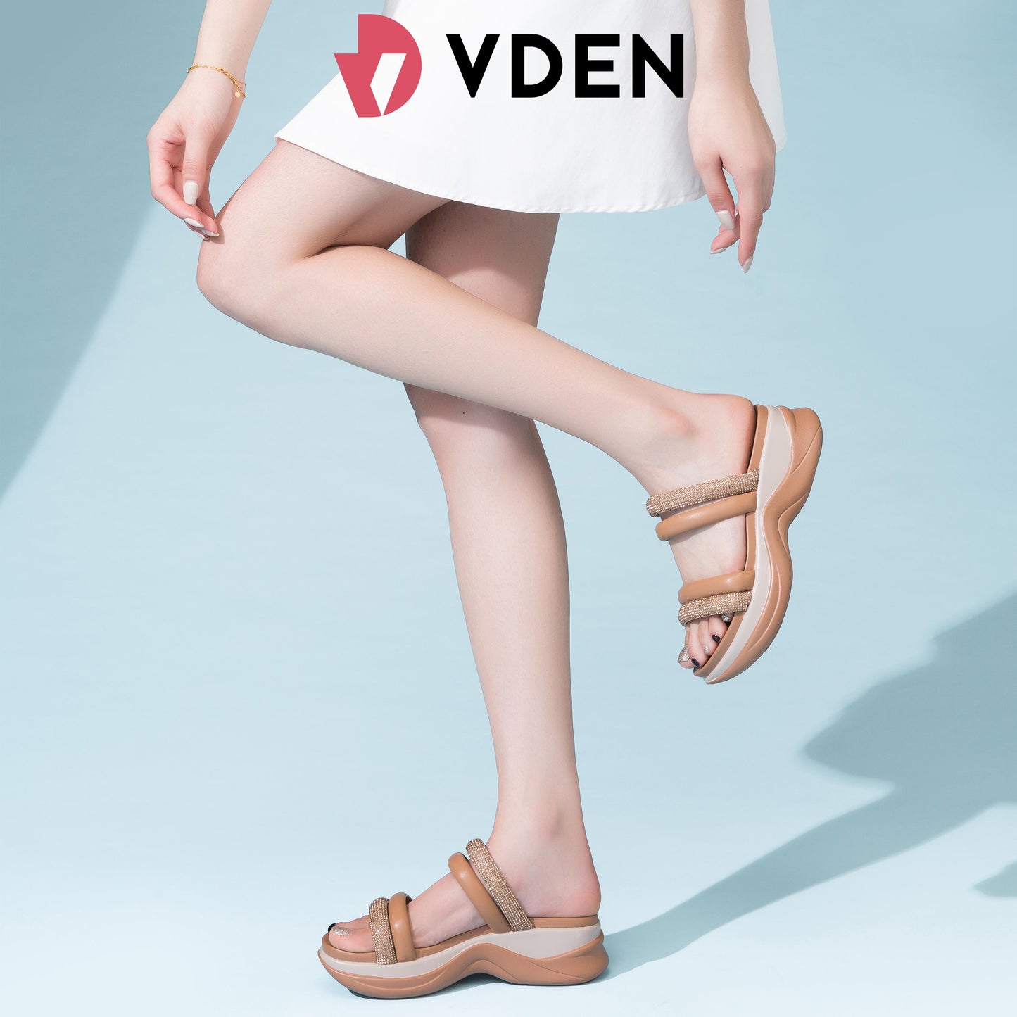 VDEN Elegant Double Strap With Rhinestone Wedge Sandals 1.4INCH/4.5CM Women's Simple Thick-soled Fashion Sandals Korean Style Rhinestone Temperament Casual Sandals Women's Slippers 23518-B