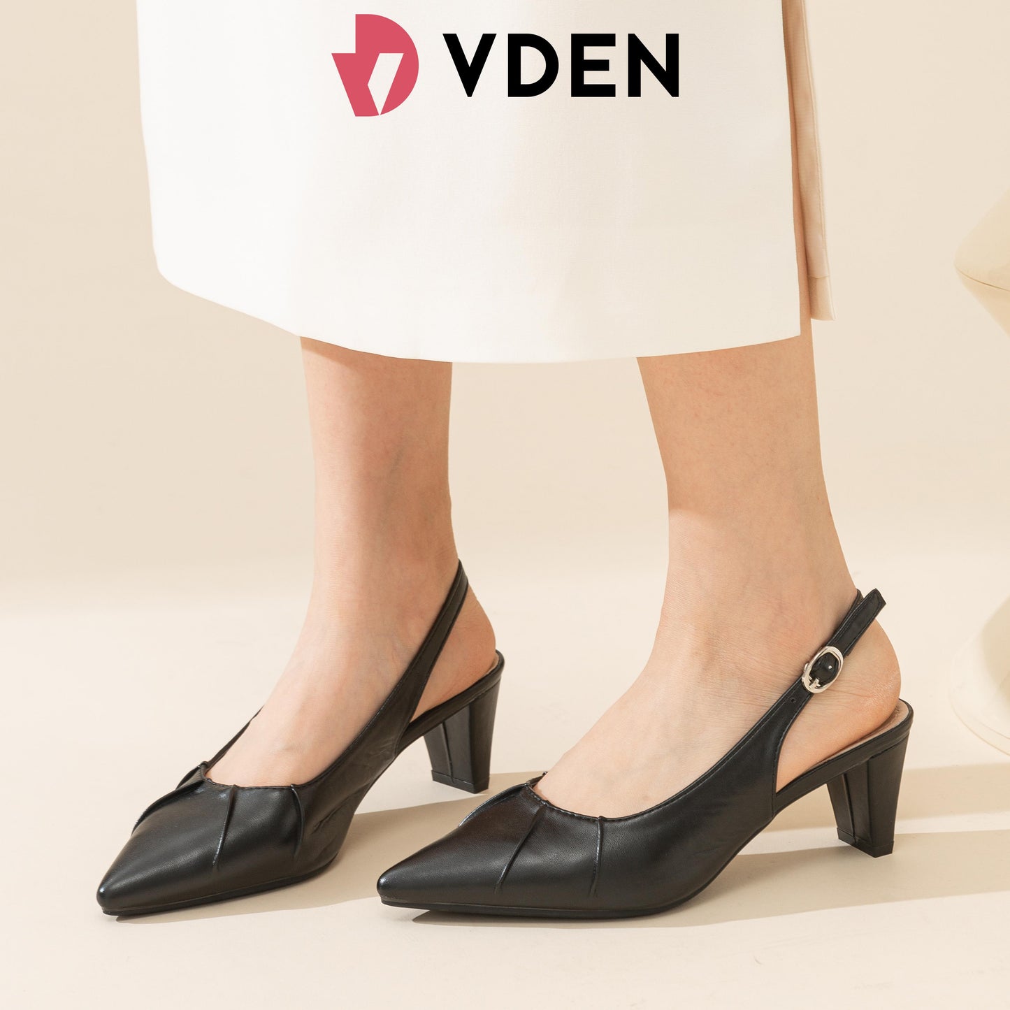 VDEN Women's Slingback Block Heels Pointed Toe Pumps - Black & Beige, Comfortable Office Formal Shoes, Non-slip Work Heels for Women 2.2INCH/5.7CM B214-5 Women's Mid Heel Slingback Pointed Closed Toe Pumps Dress Shoes for Women