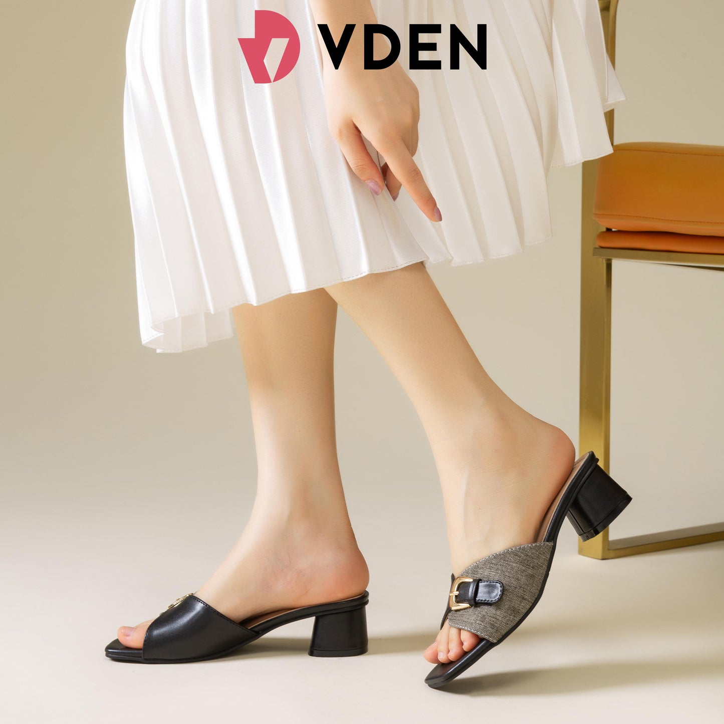 VDEN Women's Square Toe Block Heel Mules Sandals (NEED ADD 1 SIZE) 4CM/1.5INCH Retro Color Block Heel Sandals 2046-1 Open Toe Mules Slippers Chunky High Heels Footwear - Shoes