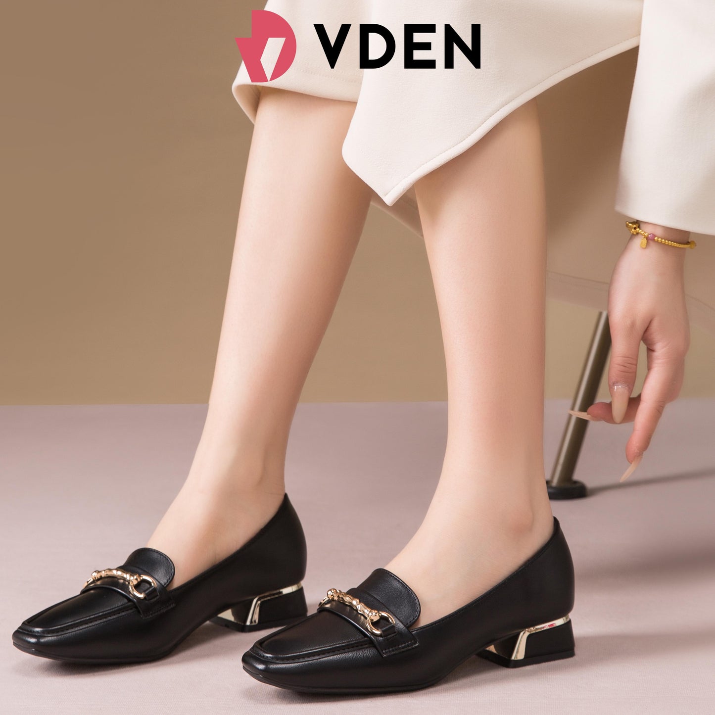 VDEN Square-toe Loafers For Women (F78-284) Slip-Ons 2024 New Retro Genuine Leather Thick Heel French Super Soft Loafers For Commuting Fo Work Shoes