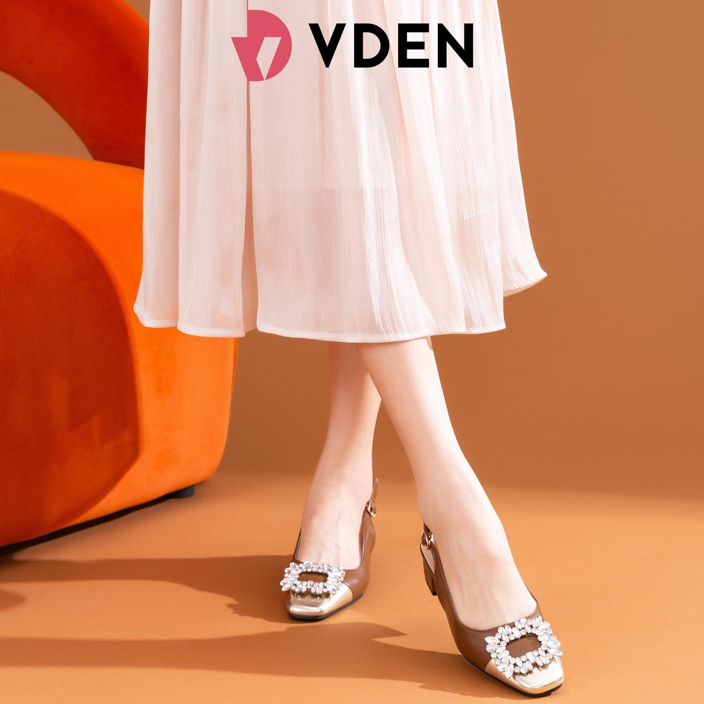 VDNE Rhinestone Square Toe Thick Heel For Women (NEED ADD 1 SIZE) 3CM/1.1INCH Square Buckle Slingback Shoes K338-3 Retro Color Block Heels