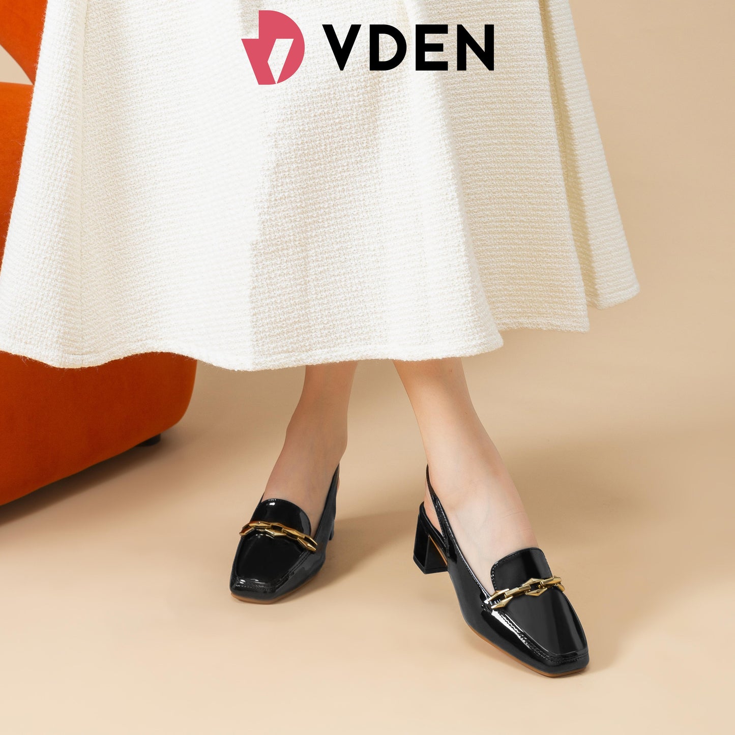 VDEN Women's Square Toe Chunky Heel Slingback Shoes Patent Leather 1.7INCH/4.5CM 558-90 Old Money Style Ladies' Rough Square Shoes Fashionable Patent Square Toe Slingback Chunky Heels Patent Leather Square Toe Block Heel Women's Sandals Shoes