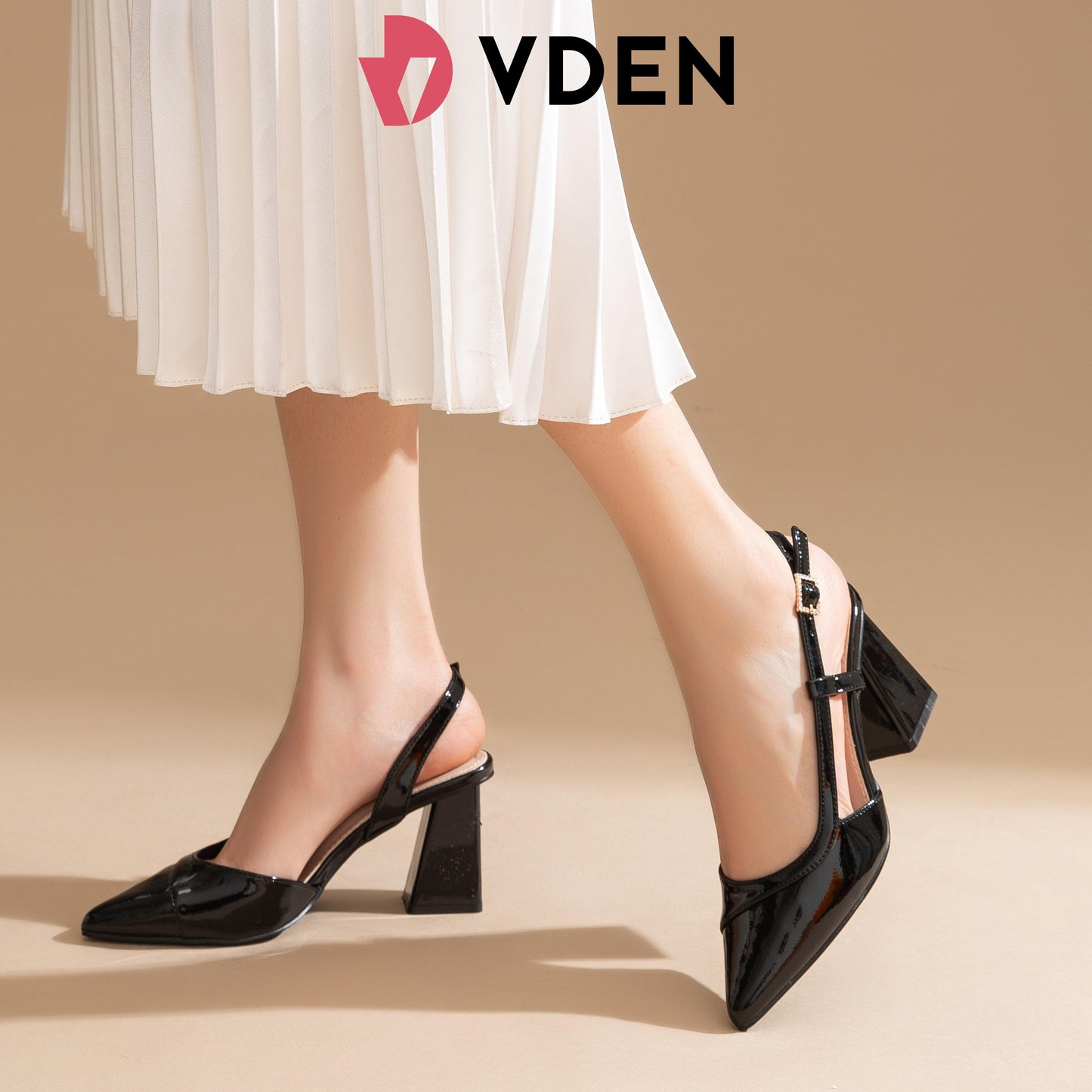 VDEN Closed Pointed Toe Chunky Heels Slingback Pumps Block Dress Shoes Women 2.9INCH/7.3CM M3673-14 Elegant Classy Footwear Girl Solid Color Patent Leather Pointed Toe Thick Heel Shoes Summer Slingback Shoes All-match Thick Heel Sandals