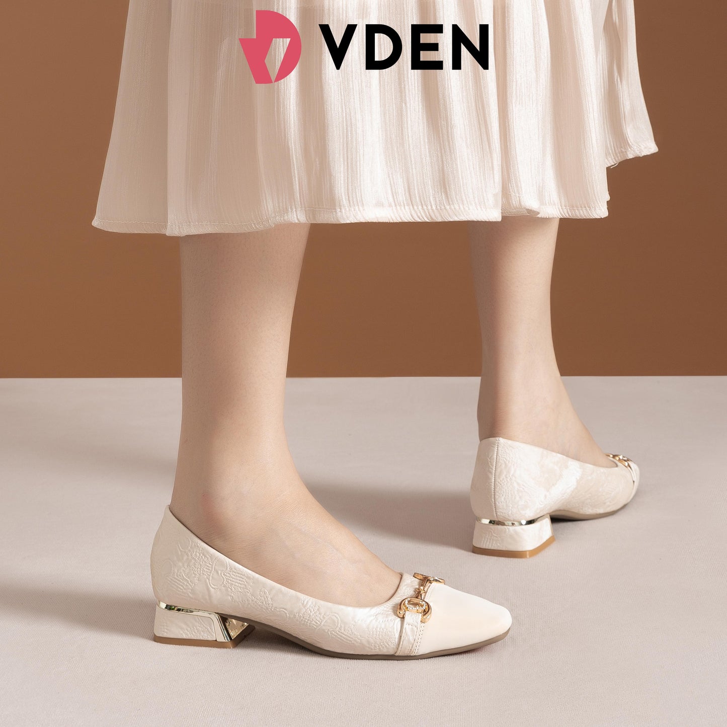 VDEN Leather Buckle Mid Heel Shoes for Women 2.6CM/1INCH Old Money Style Commuting Shoes For Women 78-304 Low Heel Fashionable Square Toe Versatile Thick Heel Shoes