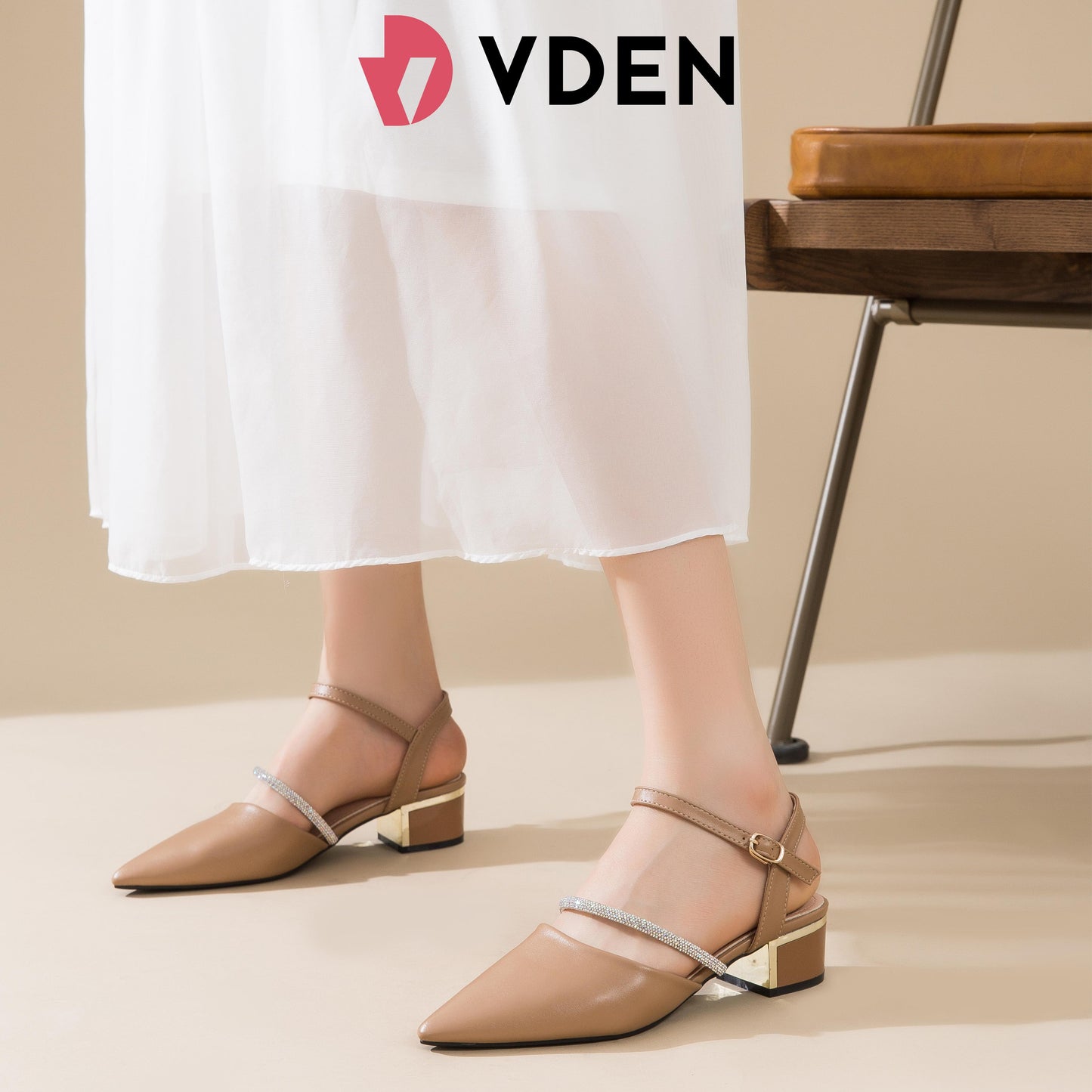VDEN Slingback heels Pointed Toe for Women 1.5INCH/4CM 1169 Simple Solid Color Pointed Toe Rhinestone Block Heel Sandals