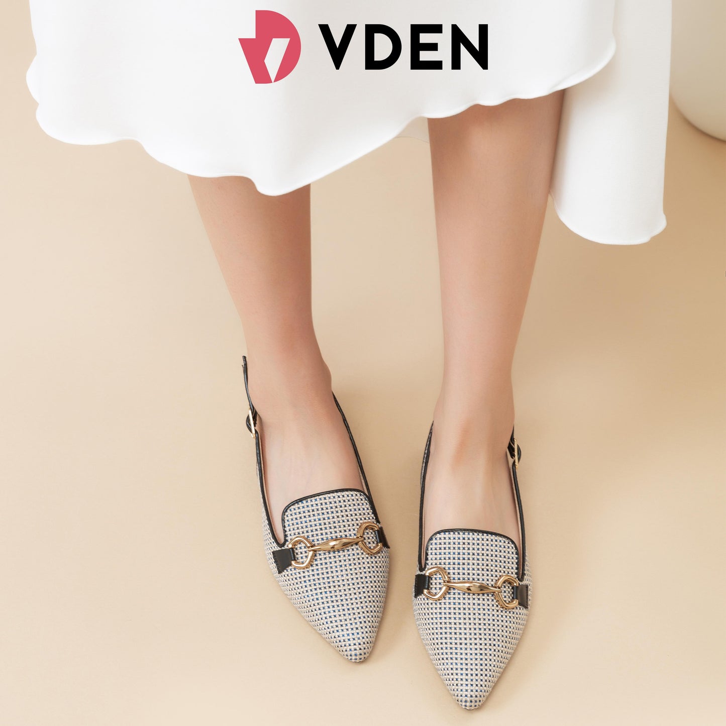 VDEN Stylish Slingback Mules Women's Shoes With Pointed Toe Thick Heel And Metal Buckle For Women 1INCH/2.8CM X1-1 Elegant Women’s Slingback Heels – Textured Pointed Mules with Metal Buckle Design Low Heeled Slingback Sandals with Horsebit Chain Detail