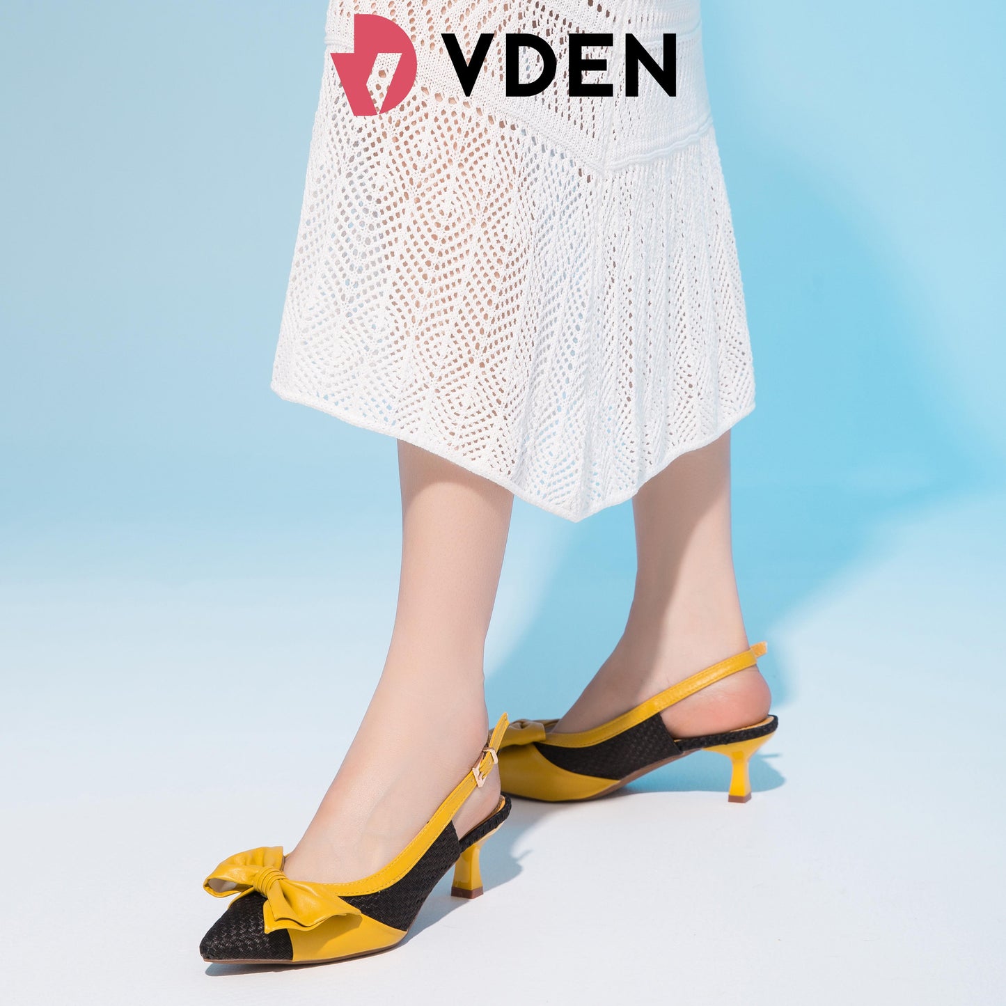 VDEN Women’s Fashion Fabric Woven Pointed Back Strap Heel 2.2INCH/6CM B8664 Color Block Fashionable Braided Pointed Toe Stilettos New Bow Heels