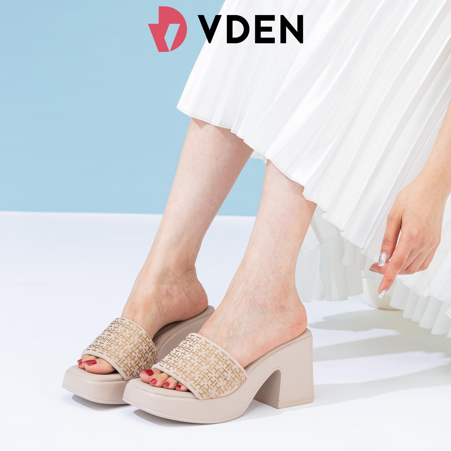 VDEN Rhinestone High Chunky Platform Sandals For Women 3.2INCH/8.5CM 1377-D1 Stylish Thick-soled Pumps With Versatile And Lightweight Heels Mule Open Toe Slip-ons Heels