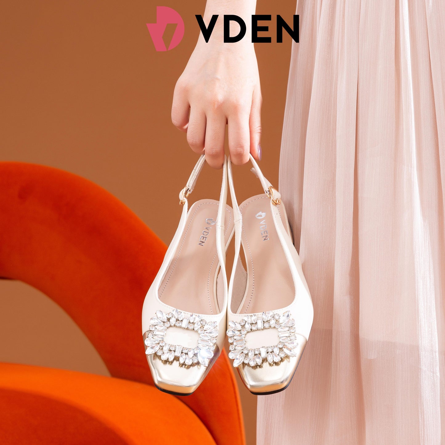 VDNE Rhinestone Square Toe Thick Heel For Women (NEED ADD 1 SIZE) 3CM/1.1INCH Square Buckle Slingback Shoes K338-3 Retro Color Block Heels