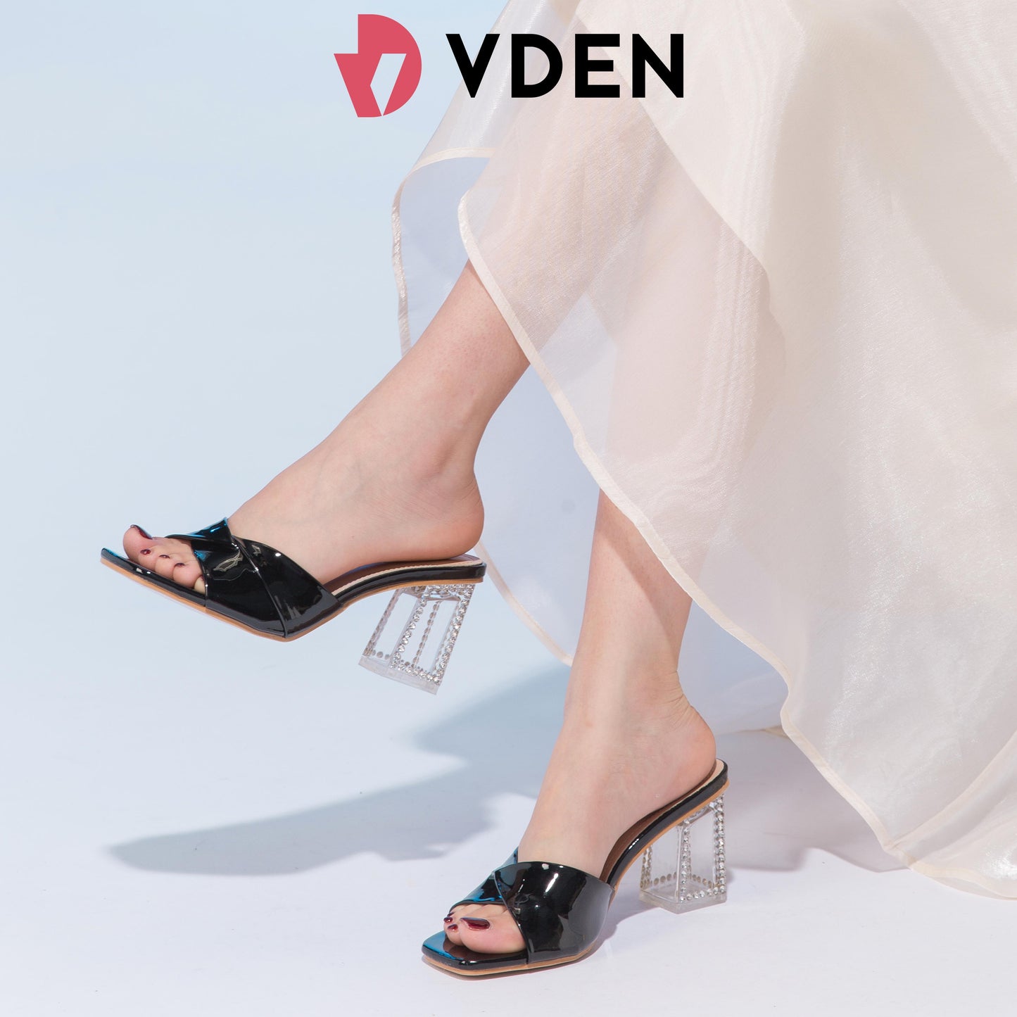 VDEN French high heels retro mid-heel sandals 186-8 crystal heel office slippers for women summer outer wear 2024 new style