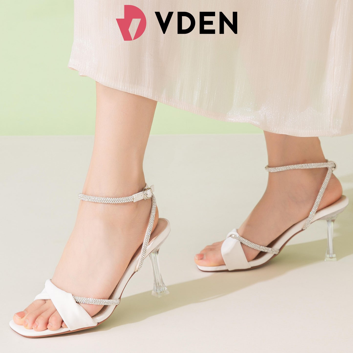 VDEN Open Toe Mid Heels Ankle Strap Rhinestone Clear Sandal 3.2INCH/8.5CM 631-5 Rhinestone Decorated Crystal Heel High Heels Open Toe Single Strap Sandals Stiletto Sexy High Heels Party High Heels