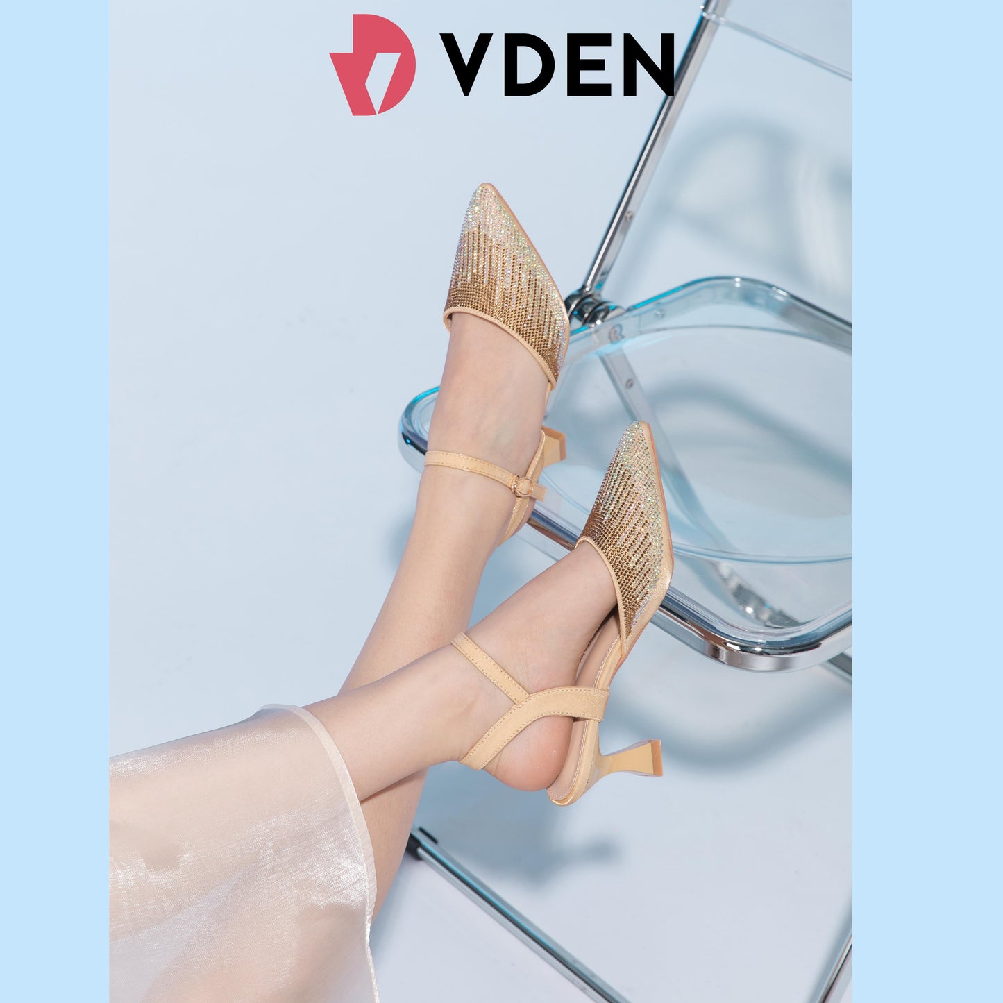 VDEN High-Heeled Shoes For Women (V008-2) 2024 Spring New Women's Fashion Versatile Pointed Toe Stiletto Heel Rhinestone Sandals