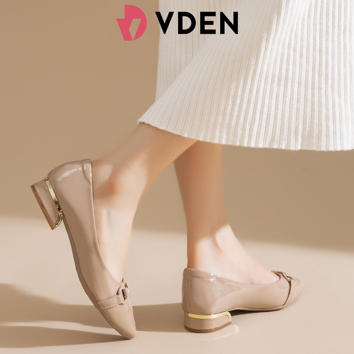 VDEN Pointed Mid Heels Classy Chunky Heeled  Shoes 1INCH/2.5CM 893-613 Pointed Toe Patent Leather Low Heels Comfort Korean Style Slip-on Women's Shoes