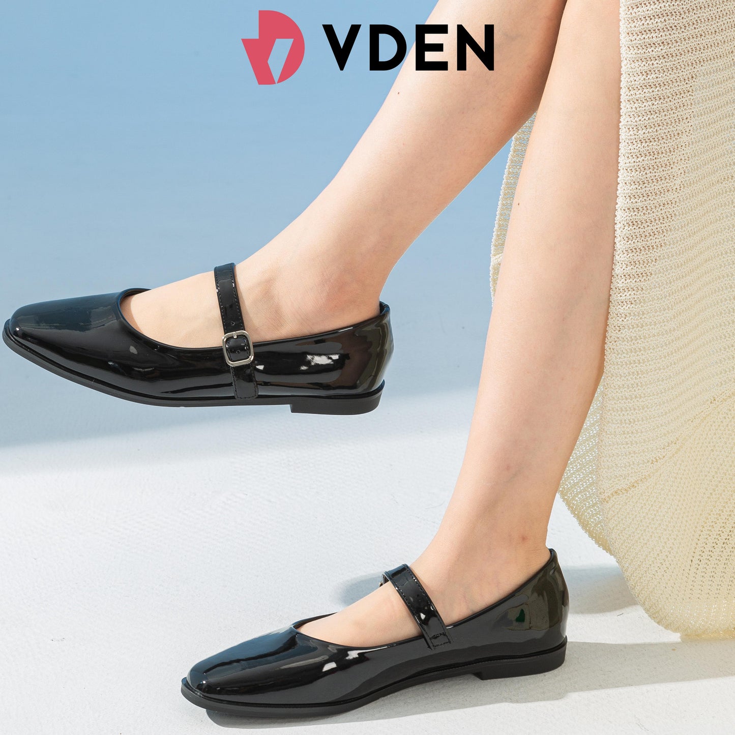 VDEN Patent Square Toe Mary Janes Shoes For Women 0.5INCH/1.4CM 315-12 Korean Style Slip-on Elastic Flat Shoes Solid Color Simple Student Shoes