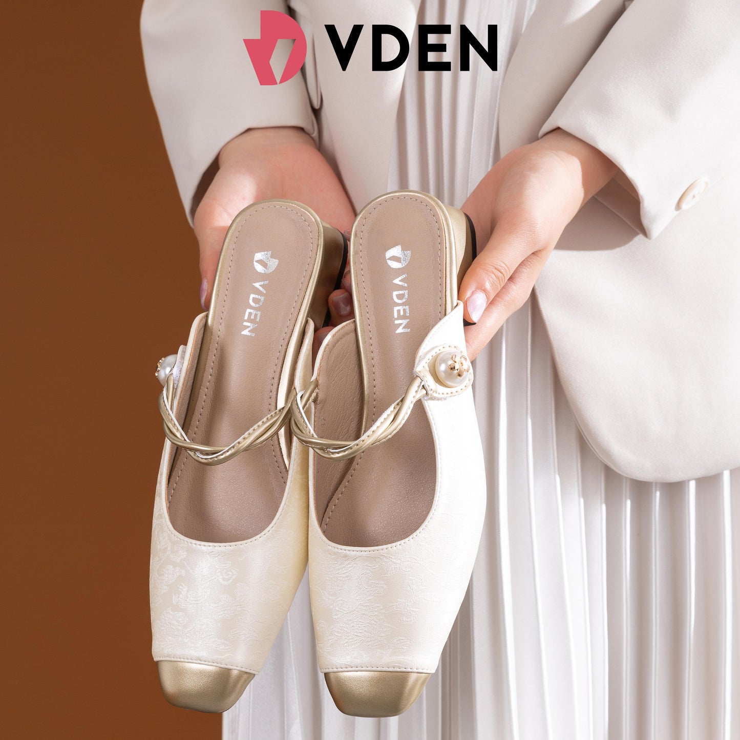 VDEN Block Heel Square Toe Mule Shoes for Women 3CM/1.1INCH Color Block Special Fabric Sandals K792-1 Ladies Slip-on Shoes