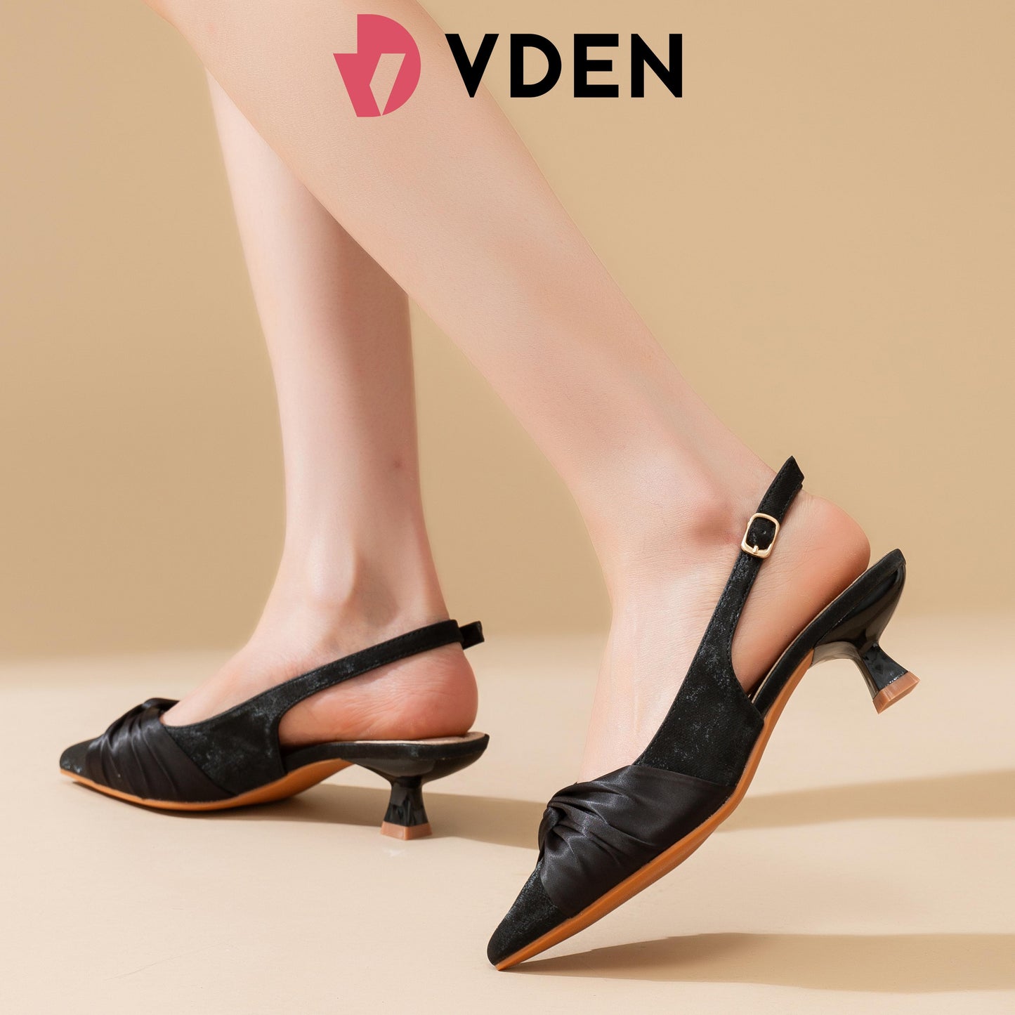 VDEN Women Slingback Shoes With Buckle Design Pointed Toe mid heel 2INCH/5CM 680-18 Elegant Satin Upper Decoration French Simple Stiletto Shoes