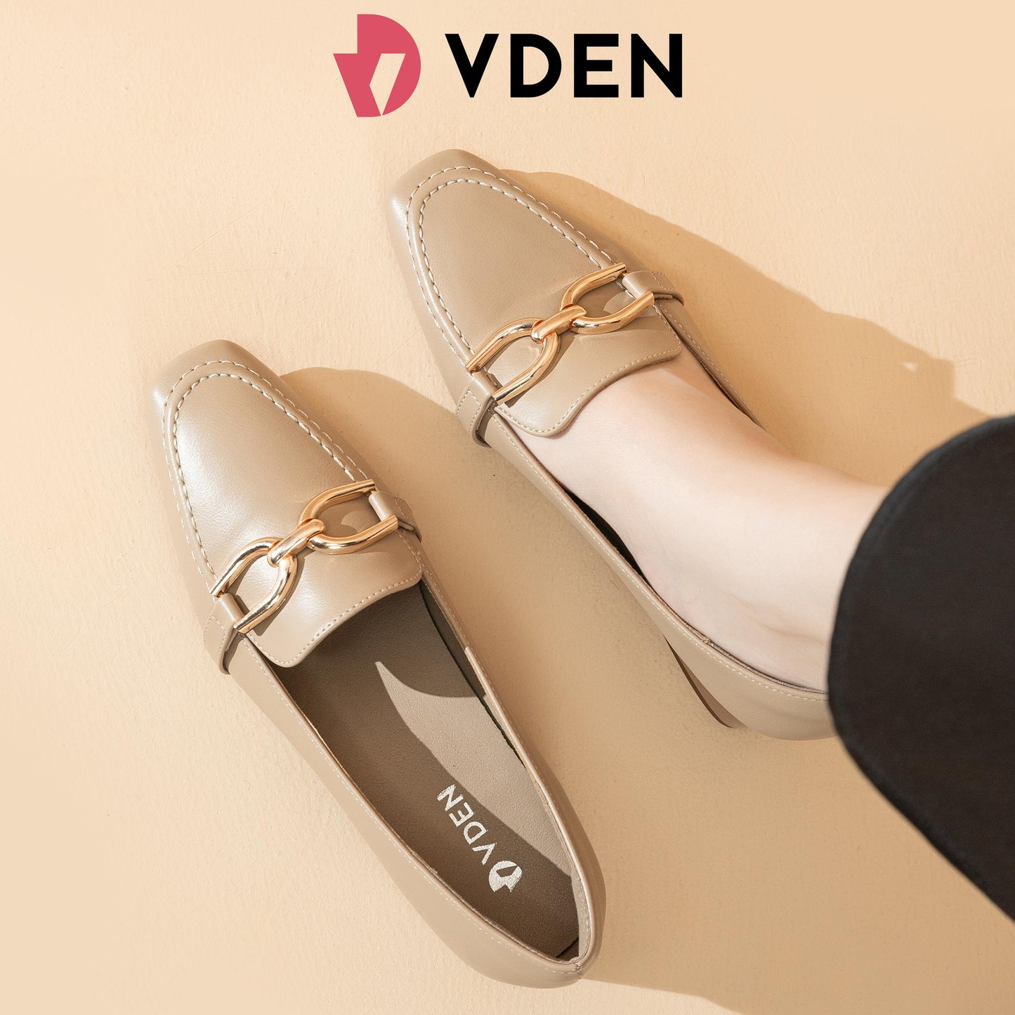 VDEN Leather Heel Gold Buckle Square Toe For Women 3.6CM/1.5INCH Square Toe Thick Heel Old Money Style Loafers Heels 78-301 Women's Office Shoes Footwear