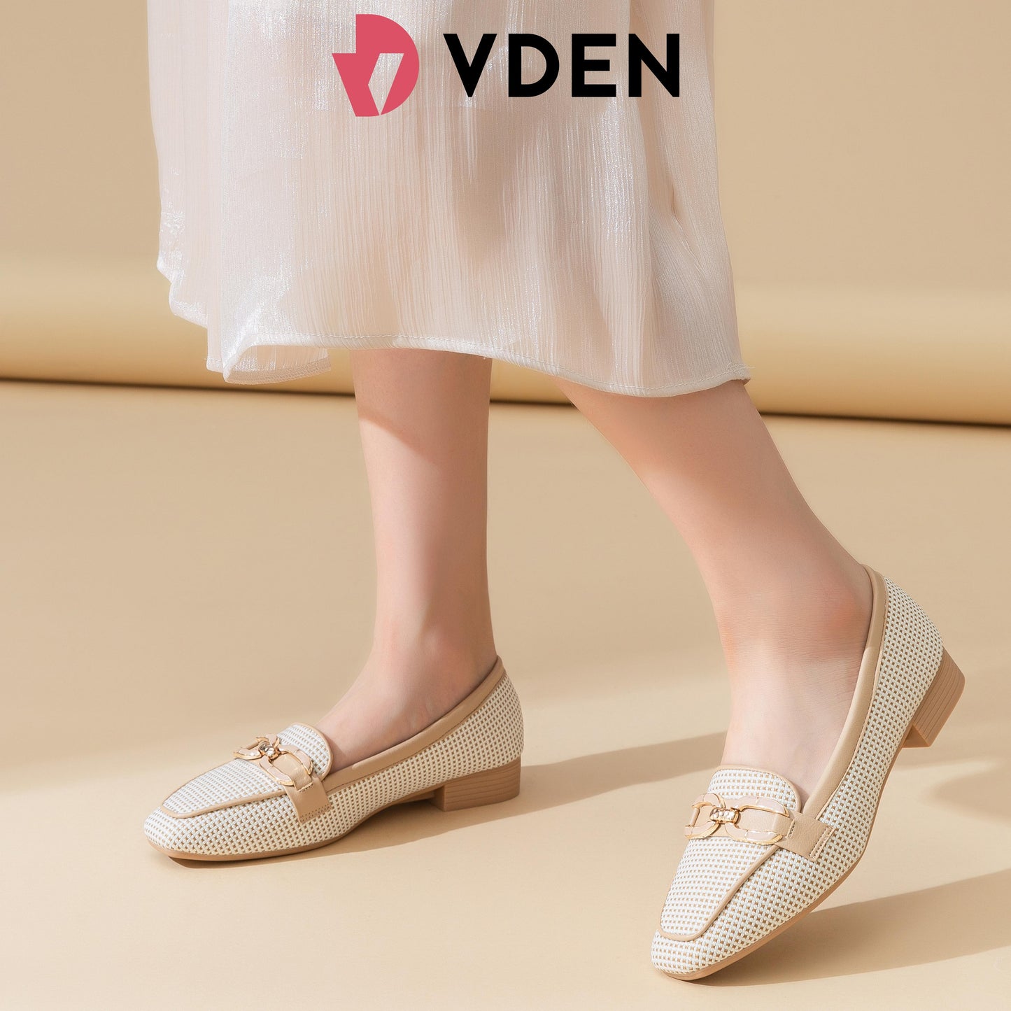VDEN Slip-On Loafers loafers Dress Shoes Black With Dots Design 1INCH/2.5CM 628-703 Korean Style Breathable Woven Loafers Elegant Mesh Low Heel Loafers Tweed-Style Flat Loafers with Metal Buckle