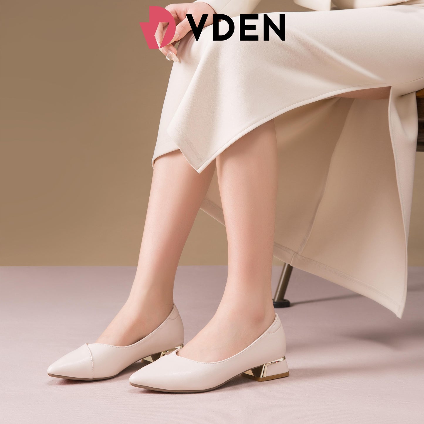 VDEN Ladies White Block Heel Pointed Shoes (True to size) (1.2 inch/3cm Heels) 893-M1 Simple High-end Commuter Shoes And Student Shoes