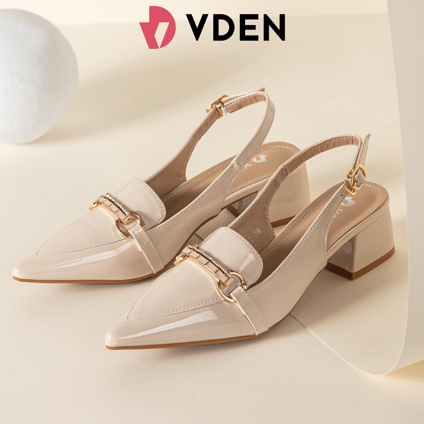 VDEN Slingback Low Block Heels Pointed Toe Office Work Pumps Shoes 1.7INCH/4.5CM 528-12 Korean Style Simple Patent Leather Slingback Shoes Old Fashion Thick Heels