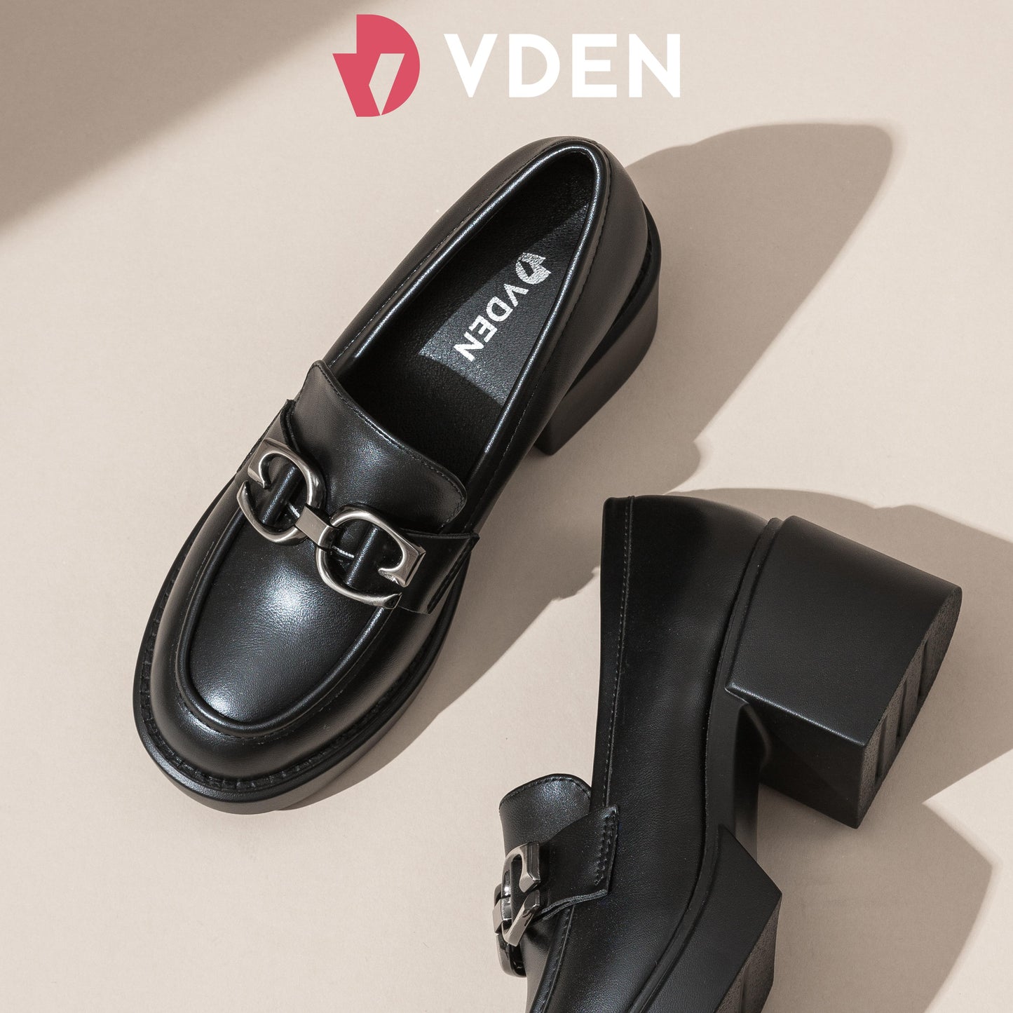 VDEN Buckle Loafers Vintage Black Faux Leather Chunky Heel Shoes Woman 2.5INCH/6.3CM 8382-L5 Korean Chunky Heel Loafers with Horsebit Detail Minimalist Black Loafers with Block Heels