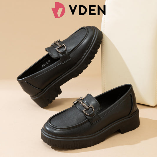 VDEN Women Black Soft-soled Student Leather Shoes Loafers 1.5INCH/4CM 4661-2 Thick Sole Lightweight Slip-on Loafers Comfort