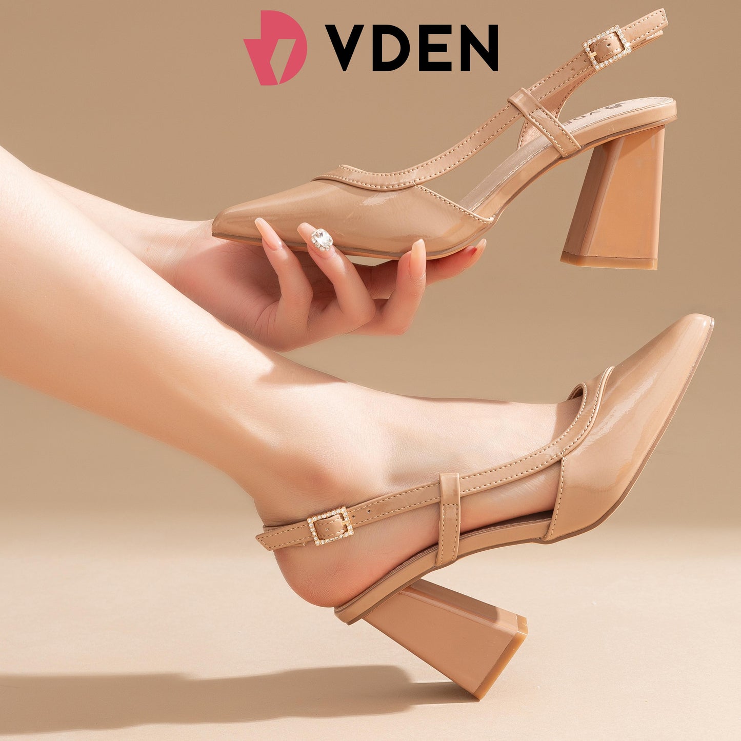 VDEN Closed Pointed Toe Chunky Heels Slingback Pumps Block Dress Shoes Women 2.9INCH/7.3CM M3673-14 Elegant Classy Footwear Girl Solid Color Patent Leather Pointed Toe Thick Heel Shoes Summer Slingback Shoes All-match Thick Heel Sandals