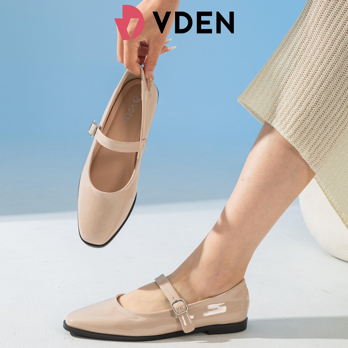 VDEN Patent Square Toe Mary Janes Shoes For Women 0.5INCH/1.4CM 315-12 Korean Style Slip-on Elastic Flat Shoes Solid Color Simple Student Shoes