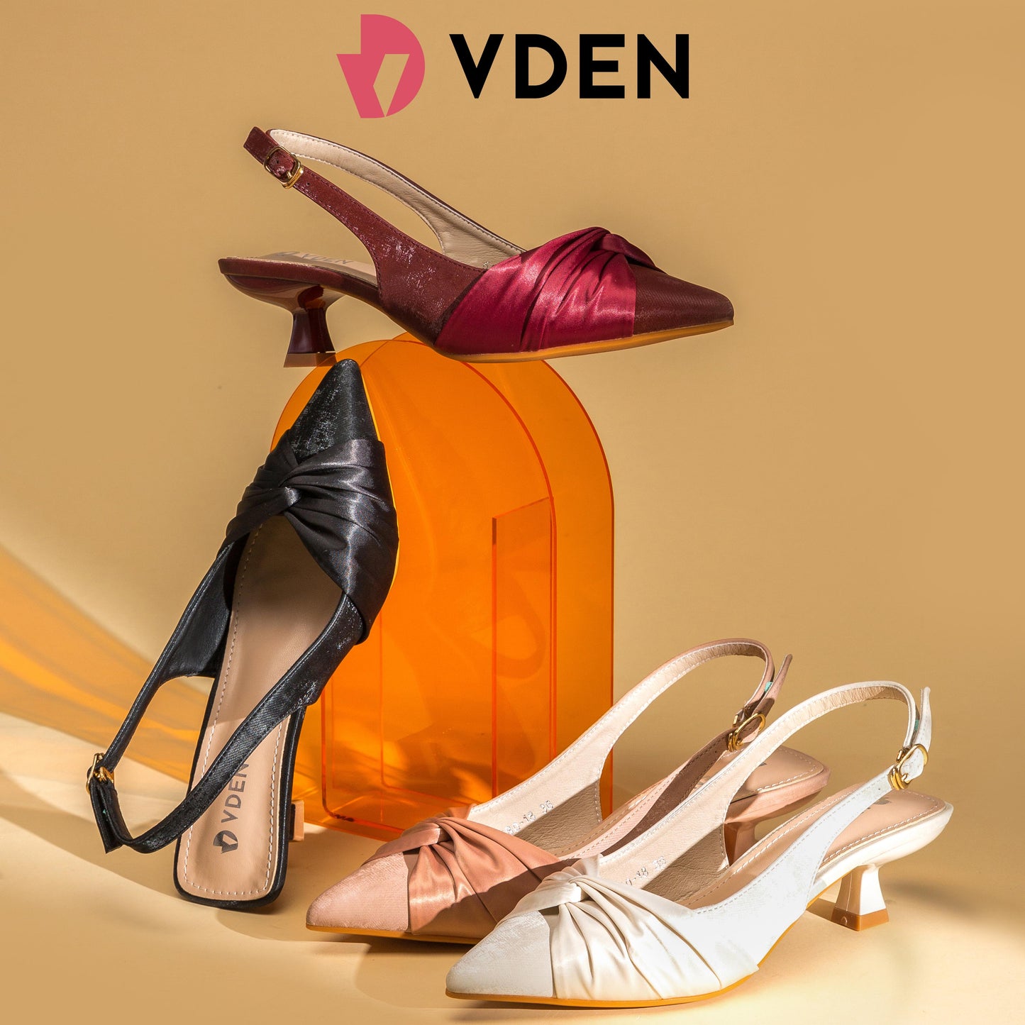 VDEN Women Slingback Shoes With Buckle Design Pointed Toe mid heel 2INCH/5CM 680-18 Elegant Satin Upper Decoration French Simple Stiletto Shoes