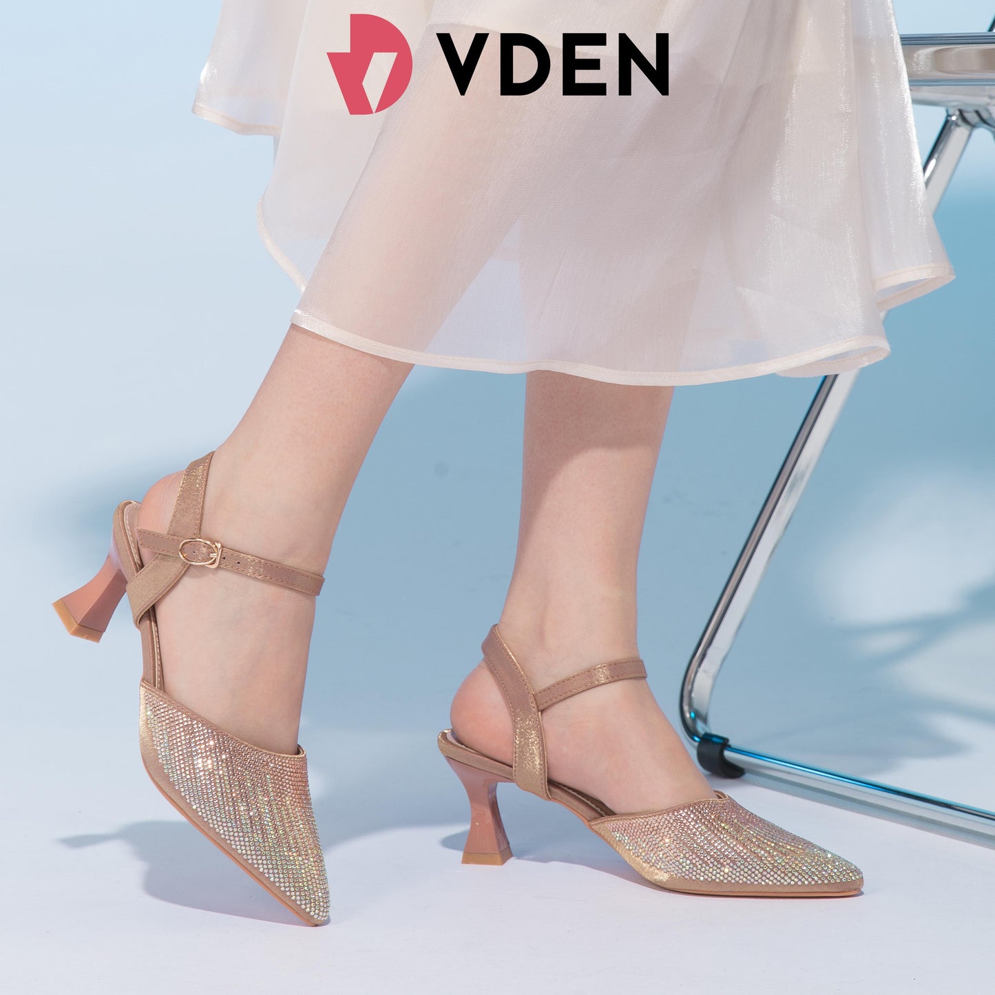 VDEN High-Heeled Shoes For Women (V008-2) 2024 Spring New Women's Fashion Versatile Pointed Toe Stiletto Heel Rhinestone Sandals