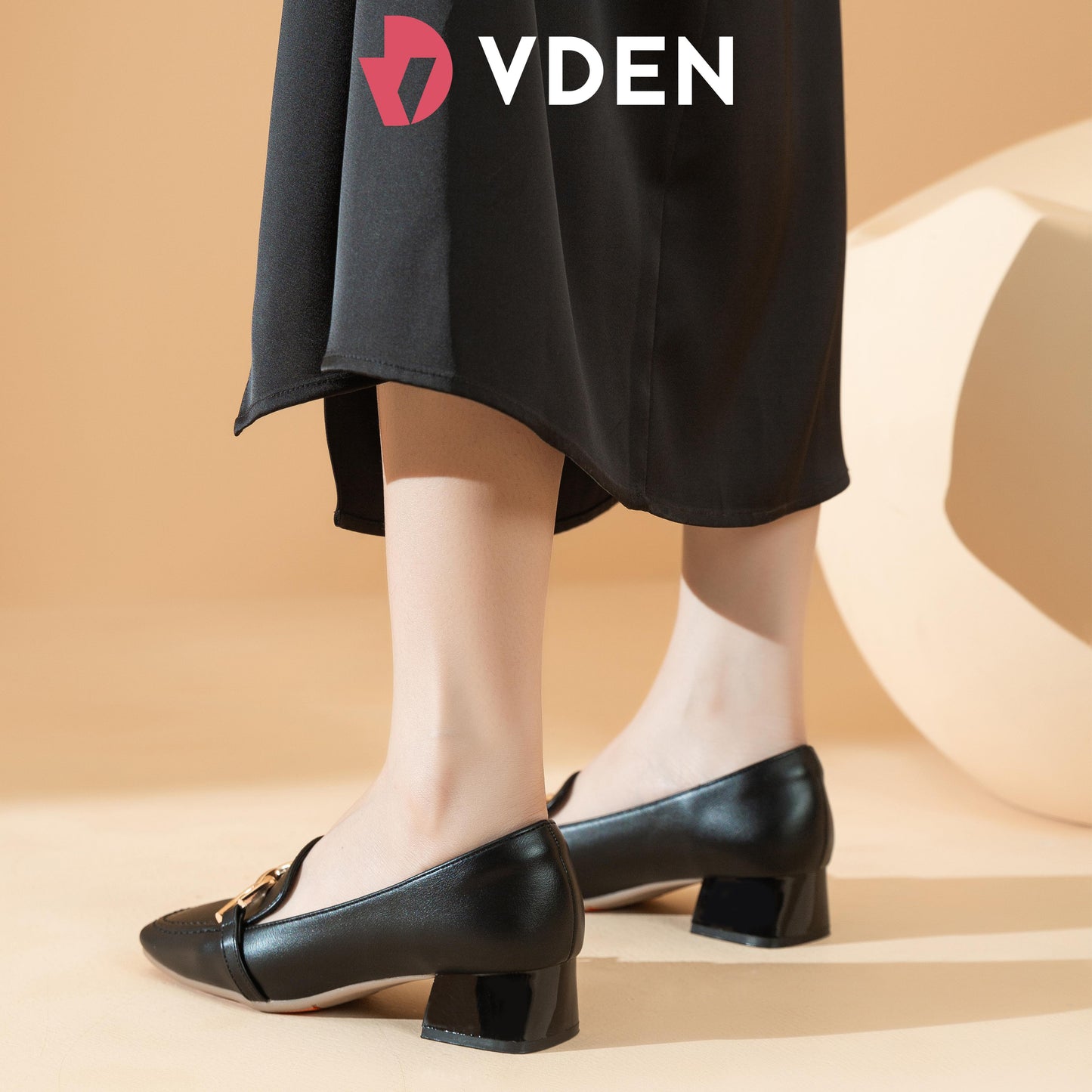 VDEN Leather Heel Gold Buckle Square Toe For Women 3.6CM/1.5INCH Square Toe Thick Heel Old Money Style Loafers Heels 78-301 Women's Office Shoes Footwear