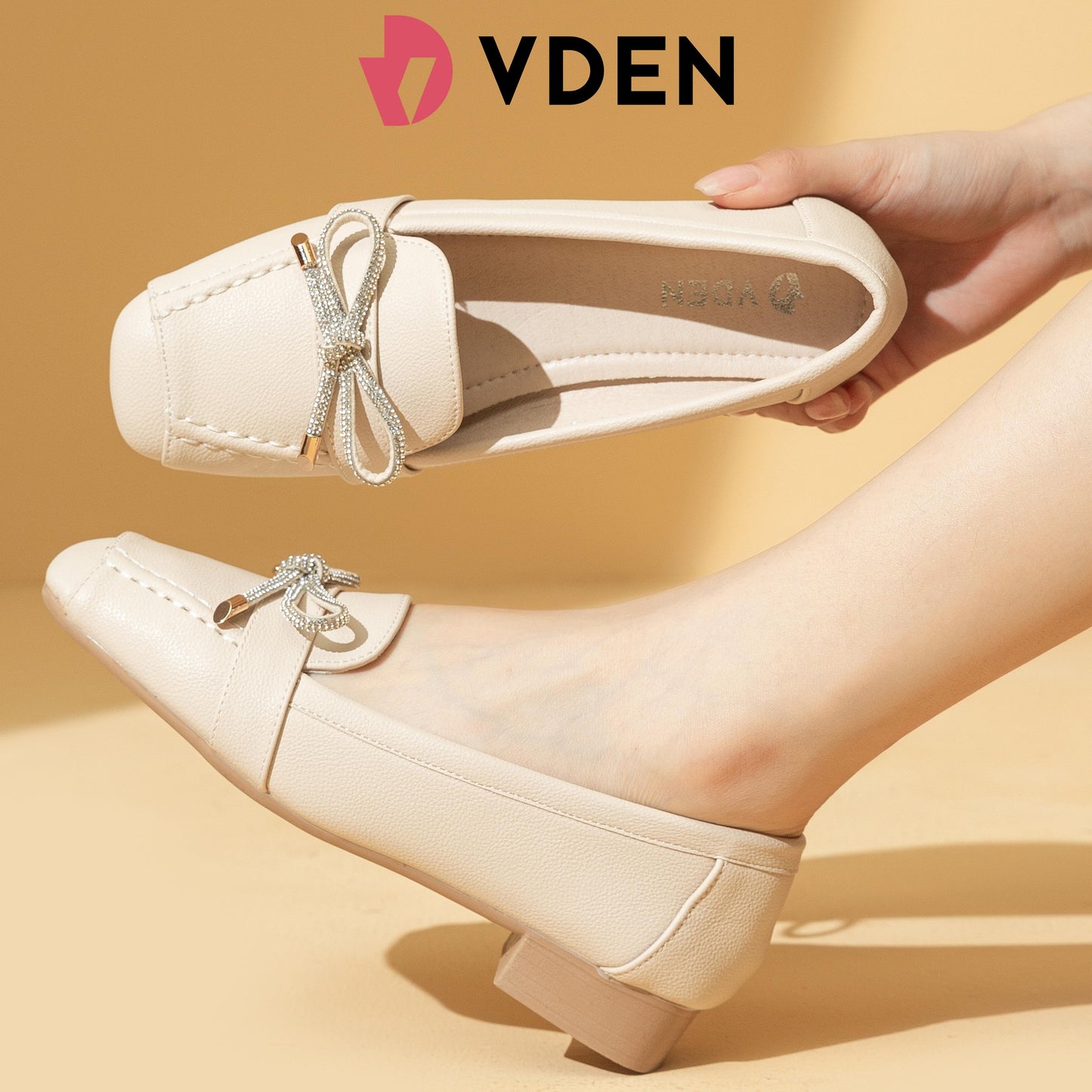 VDEN Women's Square Toe Slip-On Loafers Shoes 1INCH/2.5CM 528-379 Ballet Toe Design Bowknot Rhinestones Decoration Chunky Low Heel Loafers Office Women Shoes