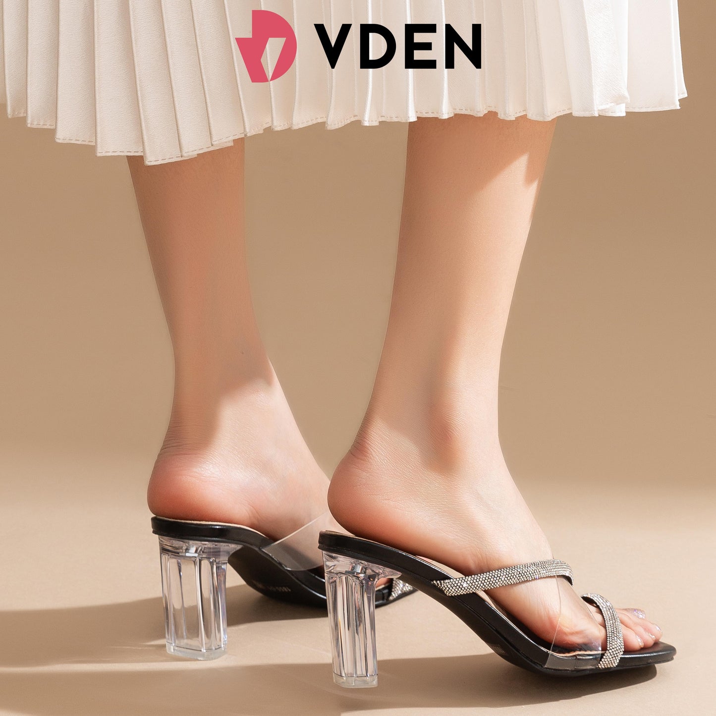 VDEN Heels Women's High-heeled Sandals  Horseshoe Heels 3INCH/7.7CM 1855-D1 Comfort Elegant Girl Footwear Classy Open Toe Rhinestones Decoration Transparent Strap Crystal Heels Sexy Sandals Heels