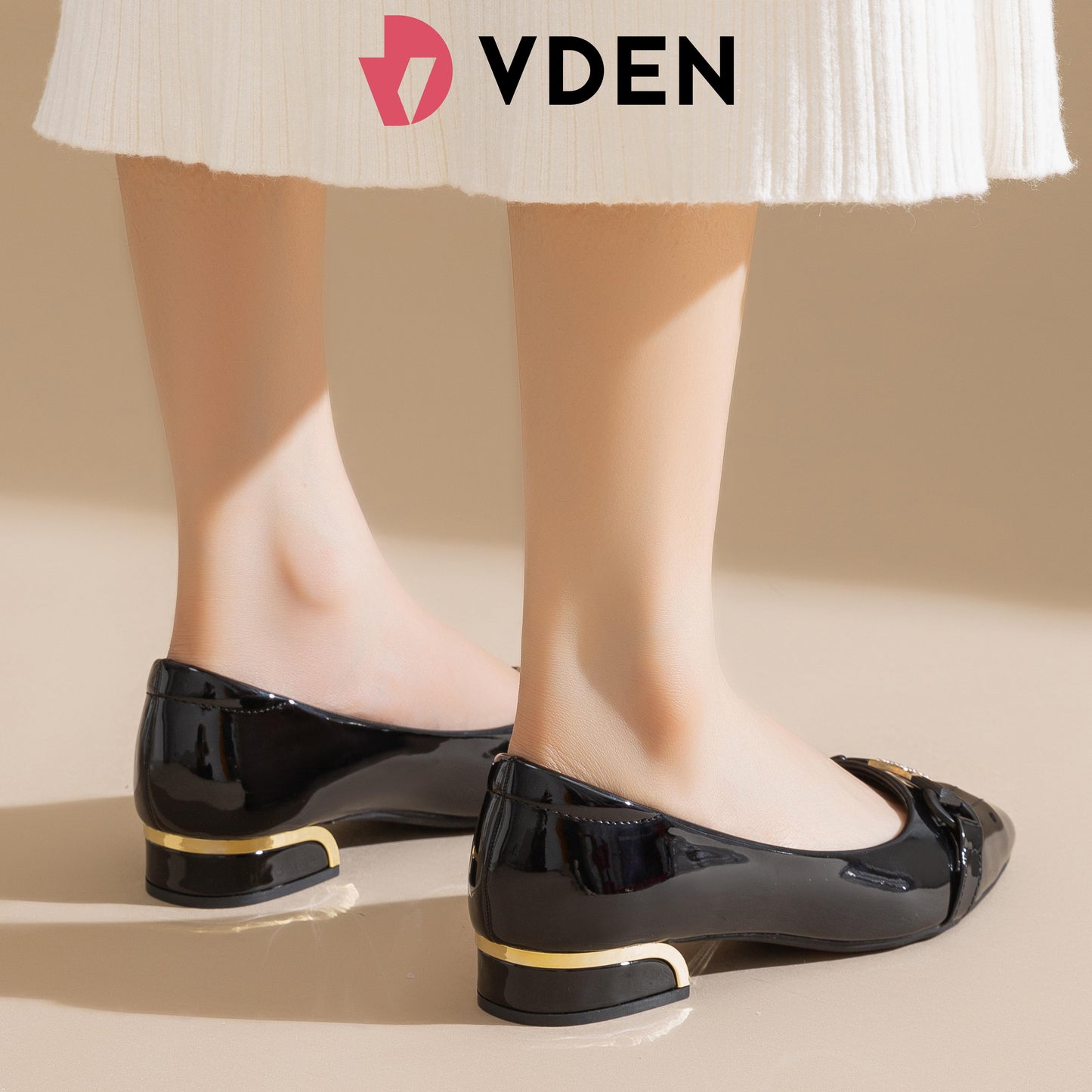 VDEN Pointed Mid Heels Classy Chunky Heeled  Shoes 1INCH/2.5CM 893-613 Pointed Toe Patent Leather Low Heels Comfort Korean Style Slip-on Women's Shoes