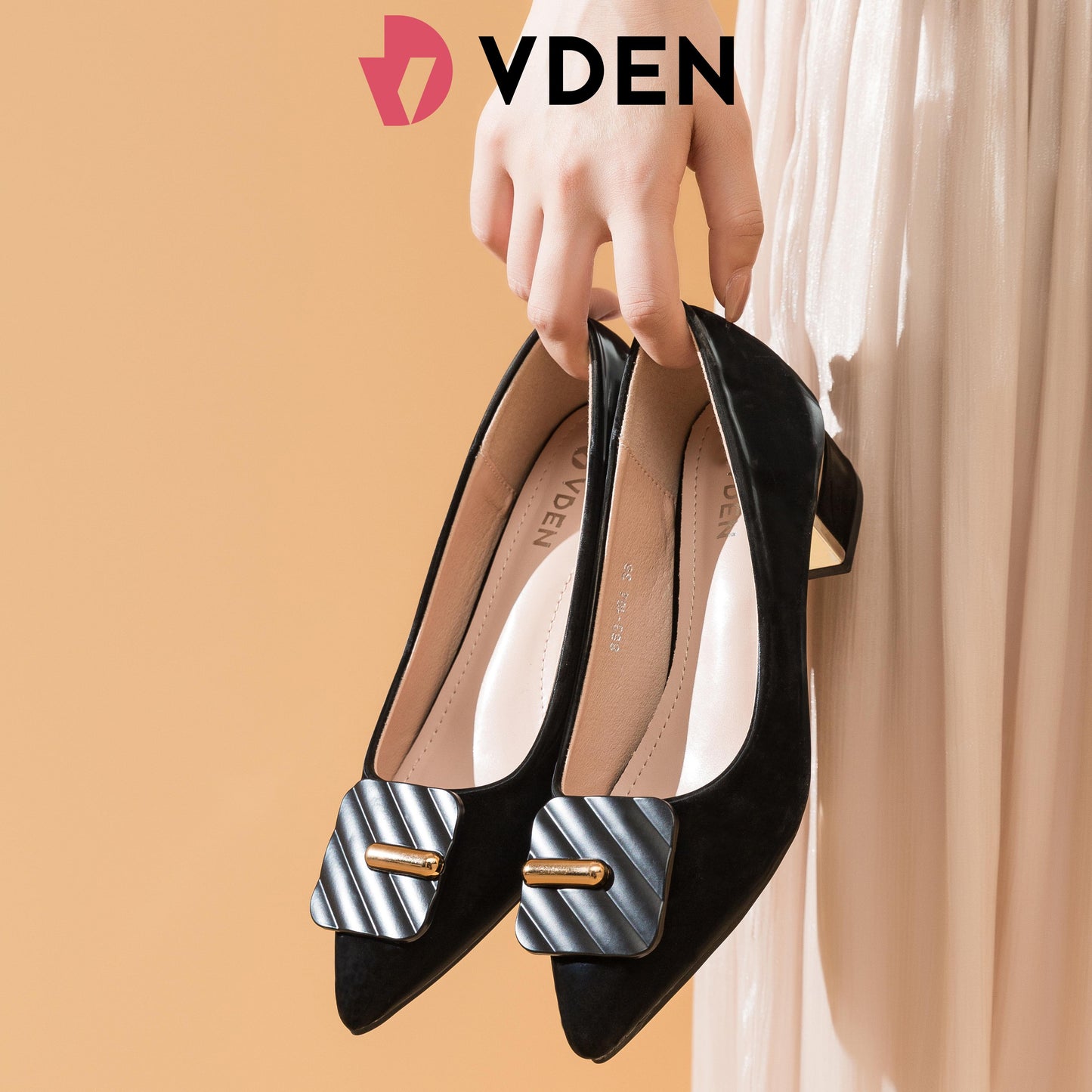 VDEN Square Buckle Leather Pumps Pointed Shoes for Women 4CM/1.5INCH Women's Office Shoes With Thick Heel And Elegant Heels 863-164 Women's Pointed Toe Block Heels Footwear Walking Shoes