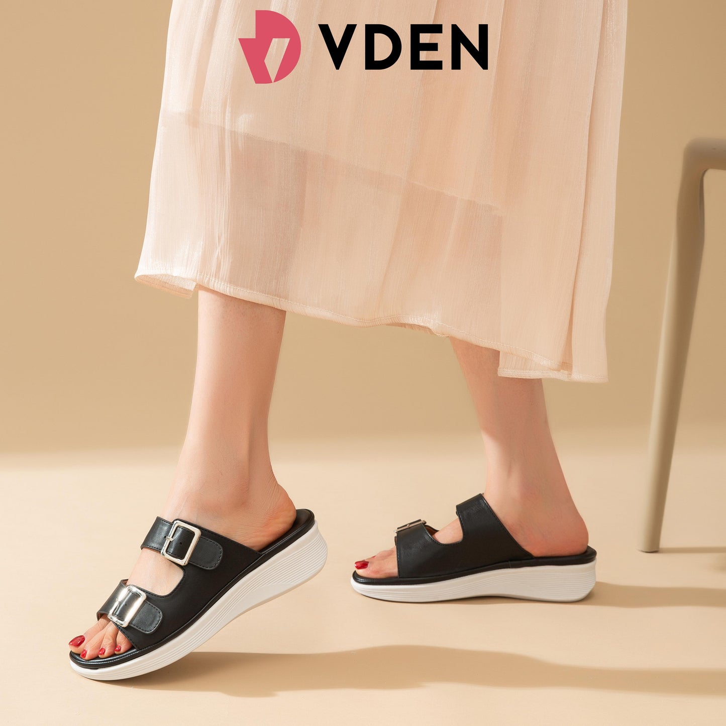 VDEN Buckle Casual Women's Slide Sandals 1.5INCH/3.7CM 9879-1 Open Toe Thick Sole Versatile Casual Sandals For Women Comfy Summer