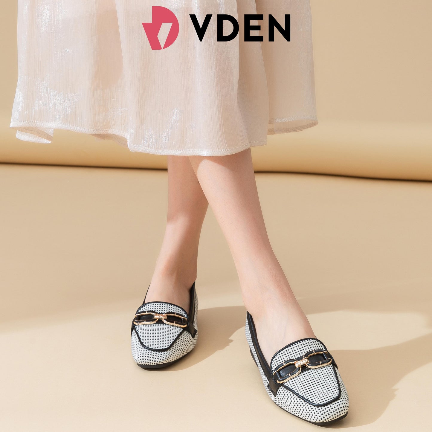 VDEN Slip-On Loafers loafers Dress Shoes Black With Dots Design 1INCH/2.5CM 628-703 Korean Style Breathable Woven Loafers Elegant Mesh Low Heel Loafers Tweed-Style Flat Loafers with Metal Buckle