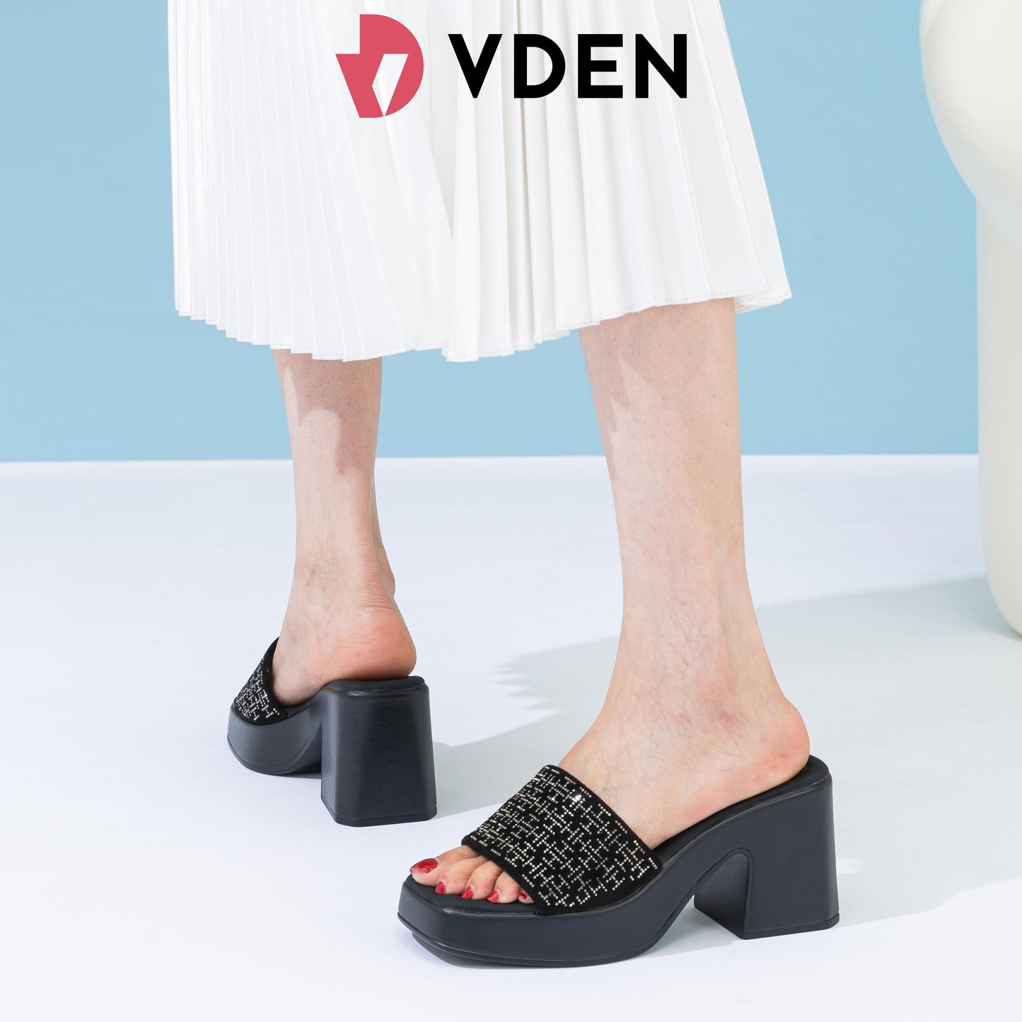 VDEN Rhinestone High Chunky Platform Sandals For Women 3.2INCH/8.5CM 1377-D1 Stylish Thick-soled Pumps With Versatile And Lightweight Heels Mule Open Toe Slip-ons Heels