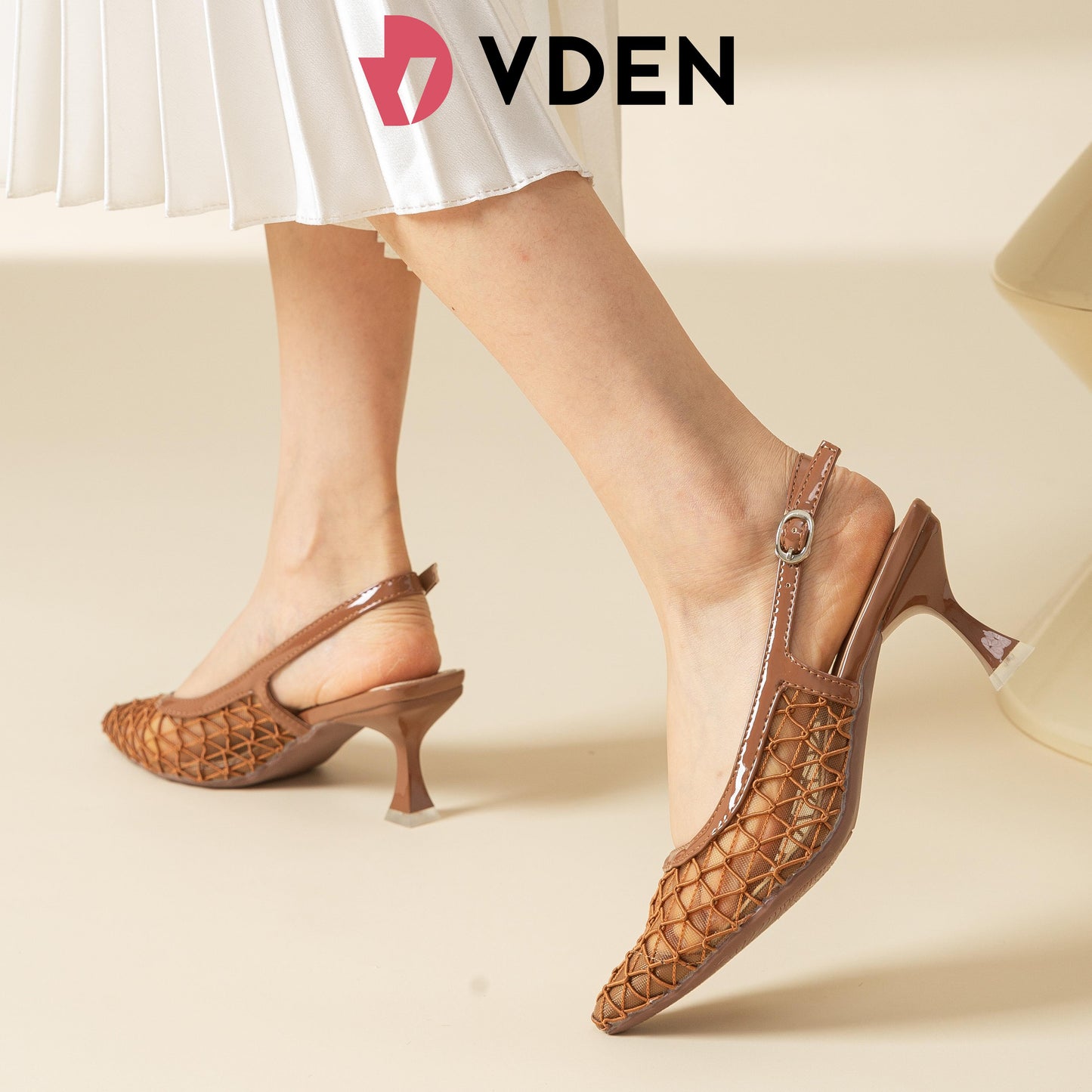 VDEN Elegant Pointed Toe Mesh Slingback Heels 888-8 2.7INCH/7CM Office Lady Lightweight Breathable Mesh Slingback Pumps Vintage Style Classic Pointed Toe Geometric Mesh Heels For Women