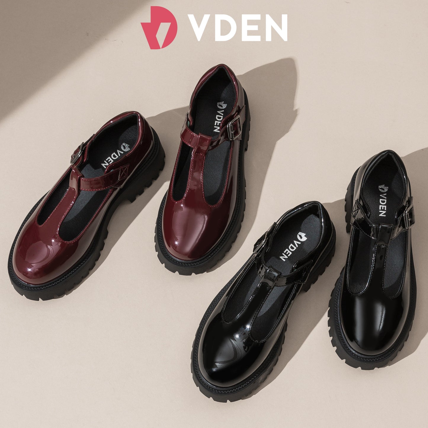 VDEN Mary Jane Shoes Women Platform Round Toe Chunky Heel T-Strap 1.6INCH/4.2CM 478A-7 College Style Patent Leather Thick-soled Loafers Solid Color Women's Leather Shoes