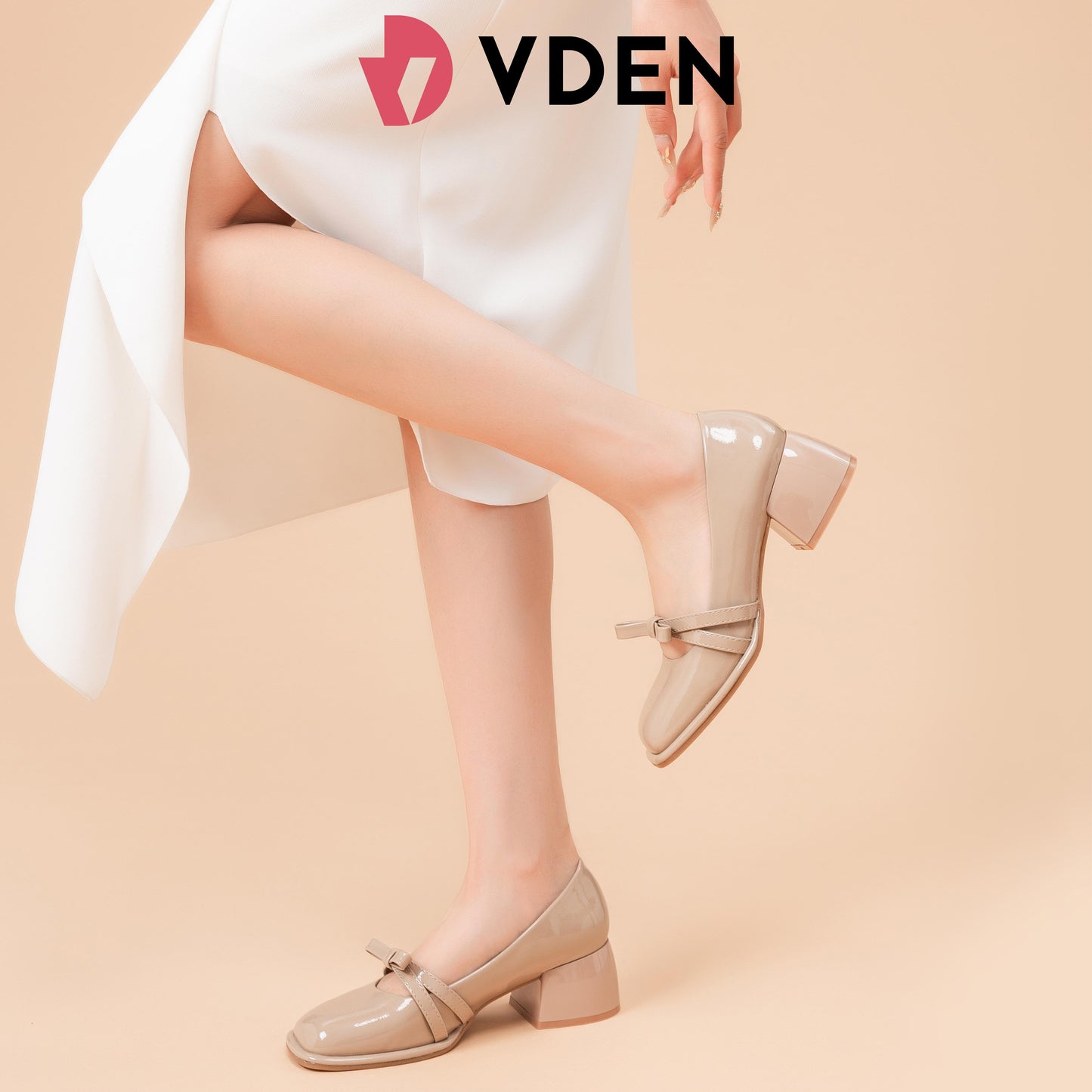 VDEN Fashionable Ribbon Chunky Heeled Lady Pumps Shoes 2INCH/5CM 311-59 Korean Style Elegant Square Toe Thick Heel Mary Jane Patent Leather Shoes Bow Decoration