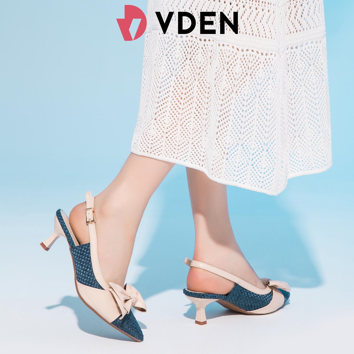 VDEN Women’s Fashion Fabric Woven Pointed Back Strap Heel 2.2INCH/6CM B8664 Color Block Fashionable Braided Pointed Toe Stilettos New Bow Heels
