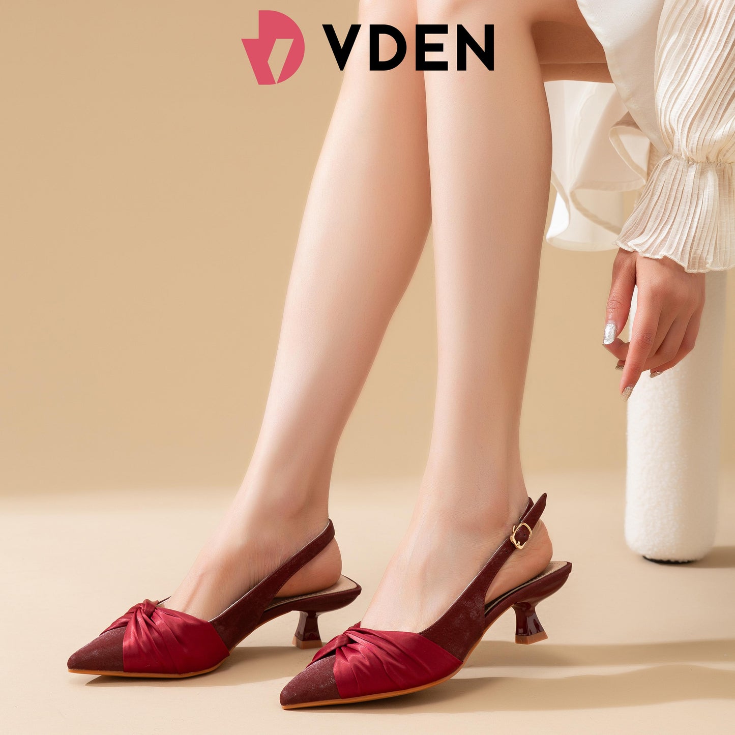 VDEN Women Slingback Shoes With Buckle Design Pointed Toe mid heel 2INCH/5CM 680-18 Elegant Satin Upper Decoration French Simple Stiletto Shoes