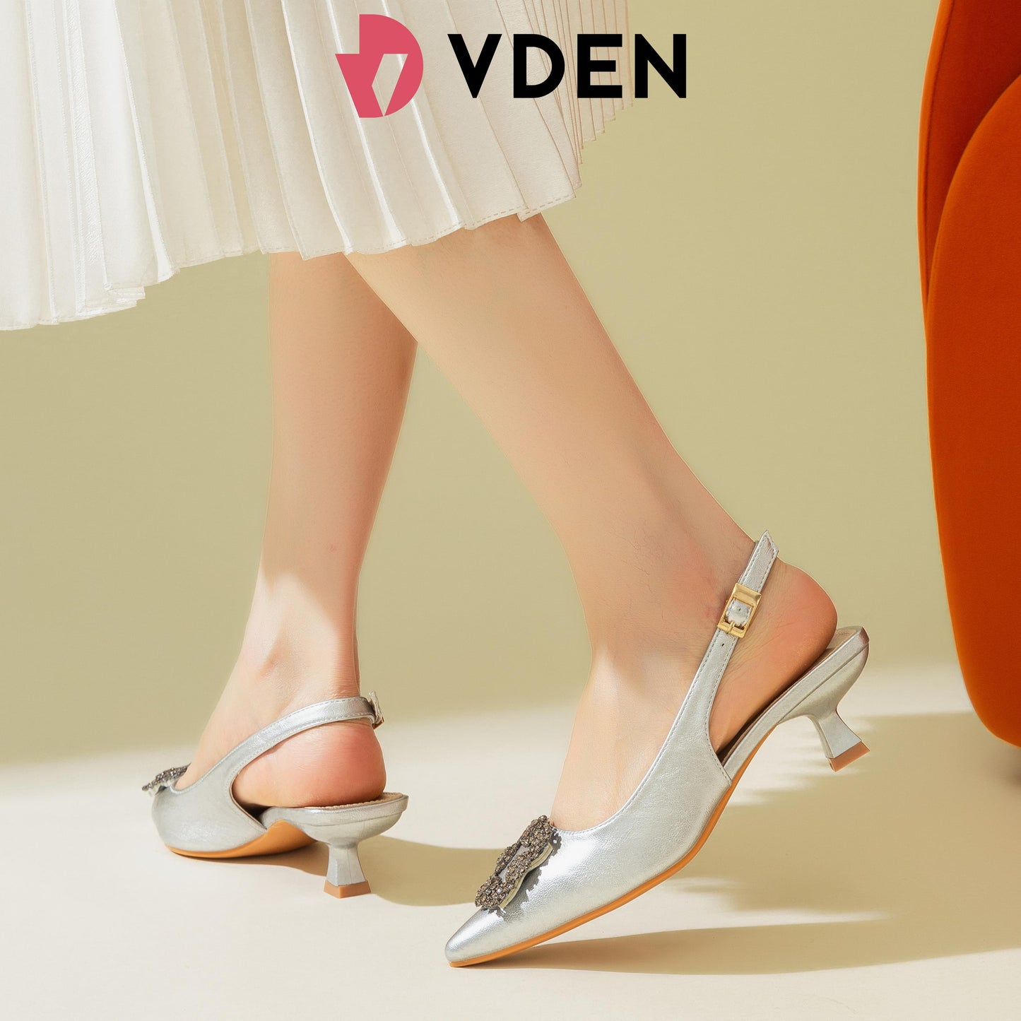 VDEN Women's Pointed Toe Slingback Heels 2INCH/5CM 219-8 Elegant Mid Heels Dress Shoes Retro Style Women's Heels Kitten Heel Sandals