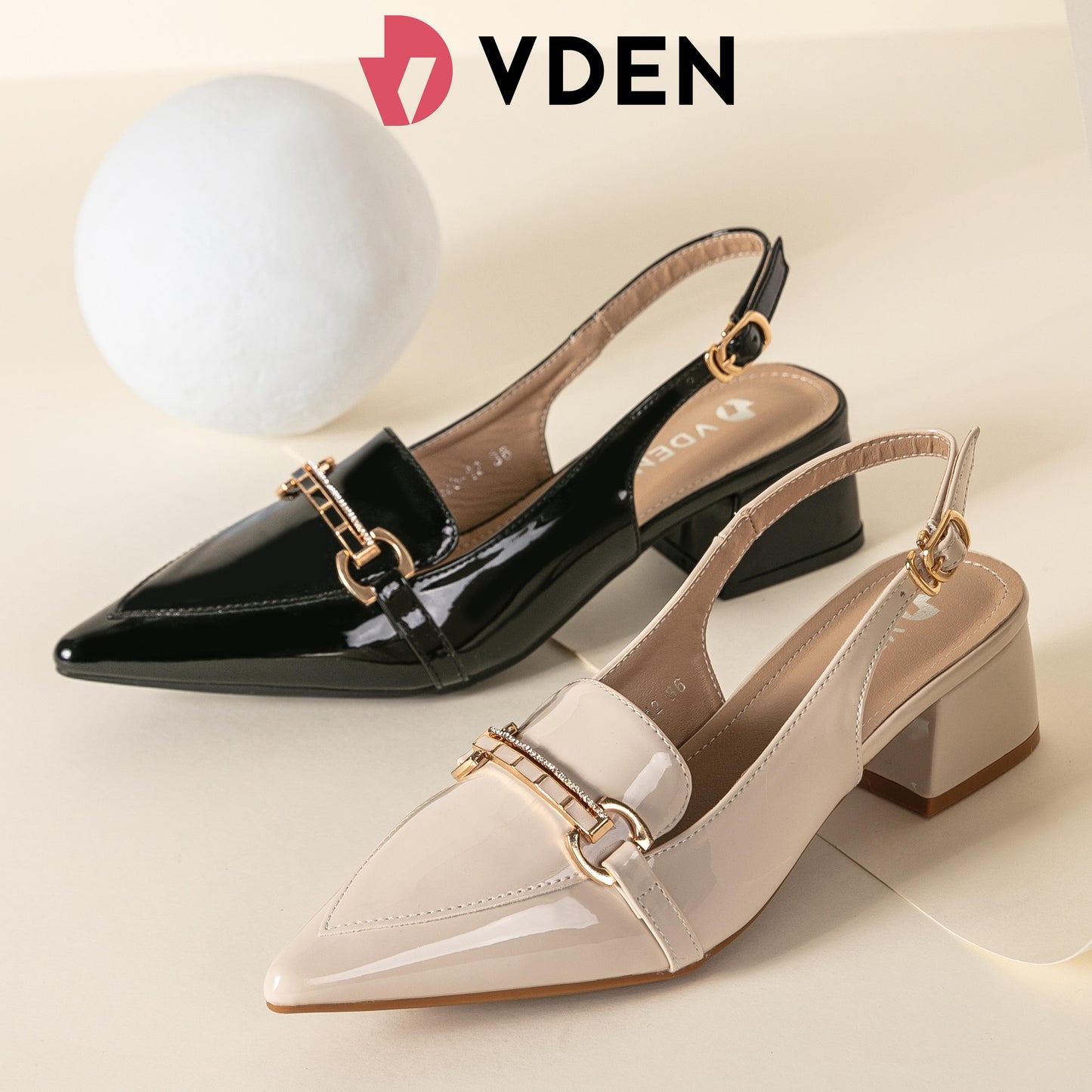 VDEN Slingback Low Block Heels Pointed Toe Office Work Pumps Shoes 1.7INCH/4.5CM 528-12 Korean Style Simple Patent Leather Slingback Shoes Old Fashion Thick Heels